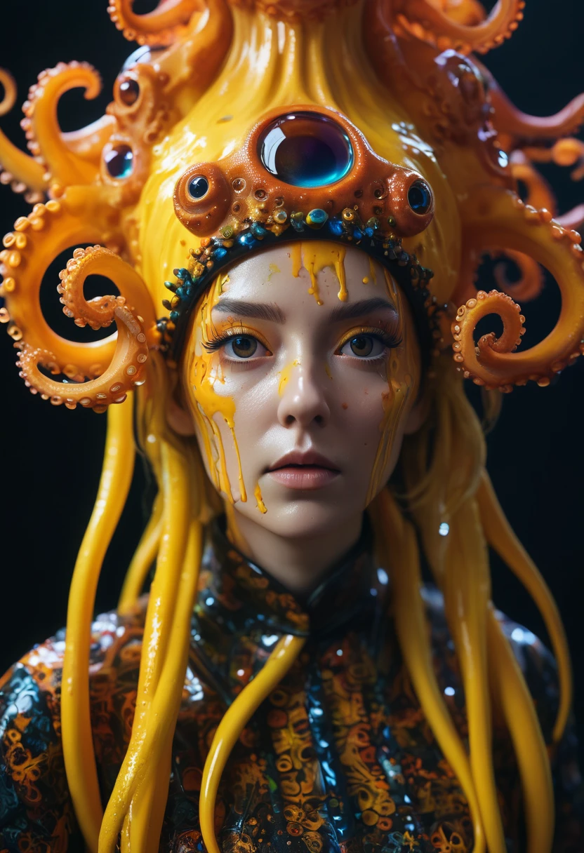 8K, ARTISTIC photogrAphy, best quAlity, mAsterpiece: 1.2), A (potrAit:1.2) witch BLOOD Toon Doll Cthulhu QUEEN, ORANGE many octopus style tentacles, full body RAW candid cinema, yellow hair, 16mm, color graded portra 400 film, remarkable color, ultra realistic, sad admosphere, dark lighting, oppressive atmosphere, depressive colors, kodak portra 400, photograph,r, Natural Light, Pinhead lighgts, blur reflection, Brush Strokes, Smooth, abstract, Splatter, Oil On Canvas, rainbow colors, fractal isometrics details bioluminescens : a stunning realistic photograph of wet bone structure, 3d render, octane render, intricately detailed, titanium decorative headdress, cinematic, trending on artstation | Isometric | Centered