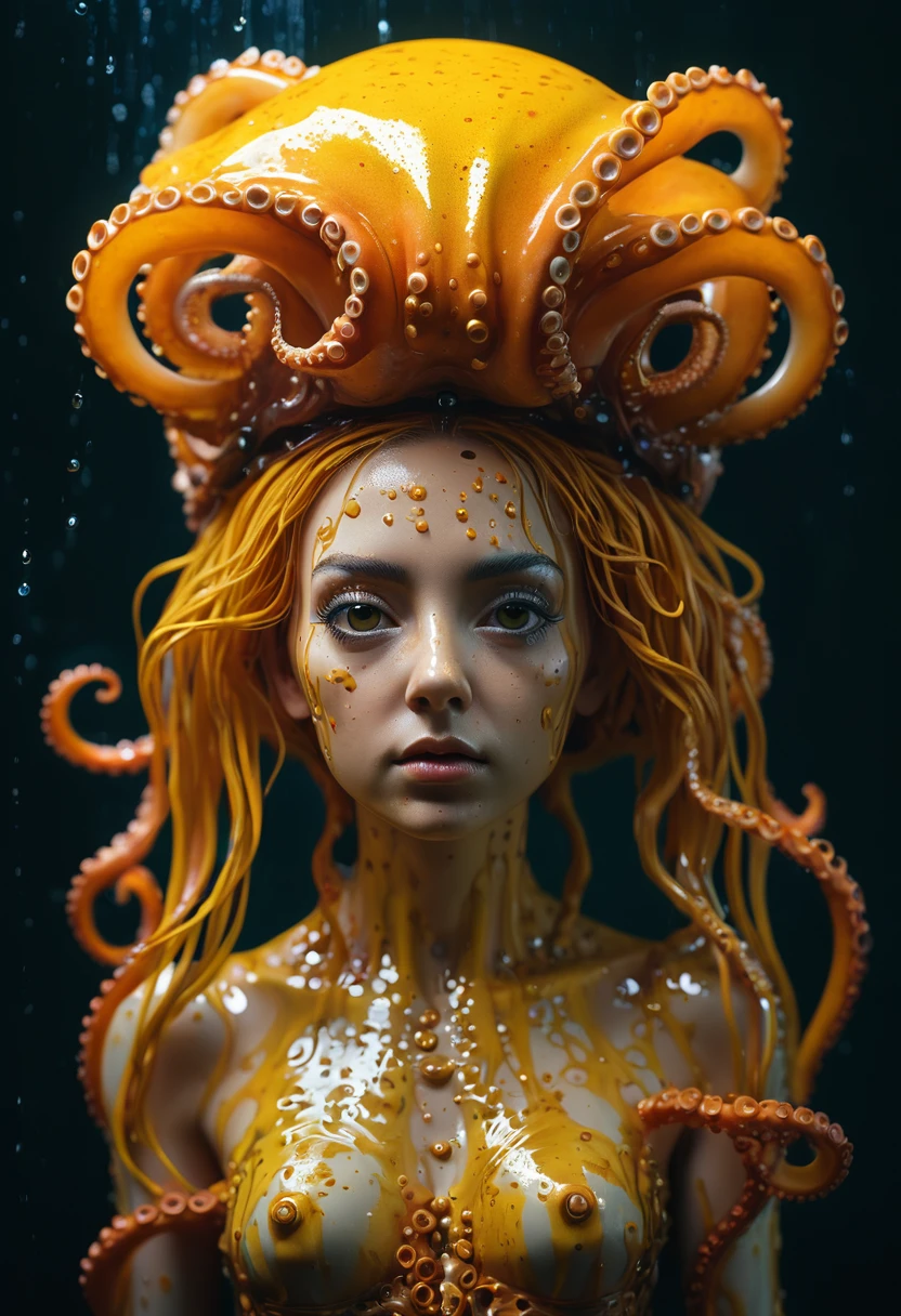 8K, ARTISTIC photogrAphy, best quAlity, mAsterpiece: 1.2), A (potrAit:1.2) witch BLOOD Toon Doll Cthulhu QUEEN, ORANGE many octopus style tentacles, full body RAW candid cinema, yellow hair, 16mm, color graded portra 400 film, remarkable color, ultra realistic, sad admosphere, dark lighting, oppressive atmosphere, depressive colors, kodak portra 400, photograph,r, Natural Light, Pinhead lighgts, blur reflection, Brush Strokes, Smooth, abstract, Splatter, Oil On Canvas, rainbow colors, fractal isometrics details bioluminescens : a stunning realistic photograph of wet bone structure, 3d render, octane render, intricately detailed, titanium decorative headdress, cinematic, trending on artstation | Isometric | Centered