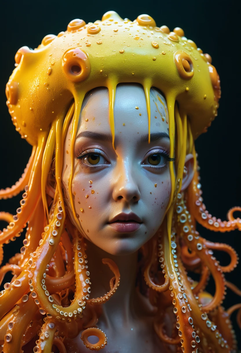 8K, ARTISTIC photogrAphy, best quAlity, mAsterpiece: 1.2), A (potrAit:1.2) witch BLOOD Toon Doll Cthulhu QUEEN, ORANGE many octopus style tentacles, full body RAW candid cinema, yellow hair, 16mm, color graded portra 400 film, remarkable color, ultra realistic, sad admosphere, dark lighting, oppressive atmosphere, depressive colors, kodak portra 400, photograph,r, Natural Light, Pinhead lighgts, blur reflection, Brush Strokes, Smooth, abstract, Splatter, Oil On Canvas, rainbow colors, fractal isometrics details bioluminescens : a stunning realistic photograph of wet bone structure, 3d render, octane render, intricately detailed, titanium decorative headdress, cinematic, trending on artstation | Isometric | Centered