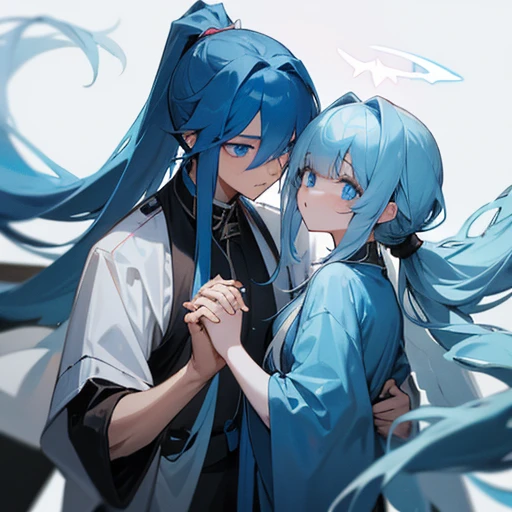 A blue-eyed angel boy with long blue hair in a ponytail with bangs that expose one eye and one eye that is hidden by a bang, and a blue-eyed and long-haired angel girl are holding hands