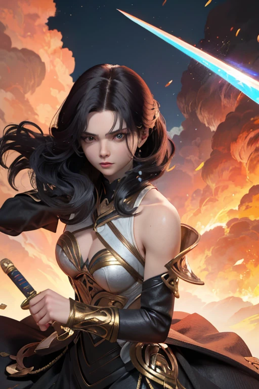 absurdrez, ultra details, high qualiy, warrior with sword, long black hair, Paladin&#39;s Heavy Armor, fully body, angry facial expression, gazing at viewer, in this exuberante, on all fours on the floor, breastsout, in this, new, NUDE