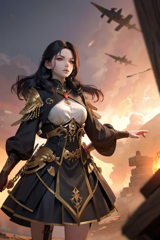 a woman in war dress, her hair color is dark, her hair is loose and moving, her face is beautiful, she has a sword in her hand (hands are not wrong) She is in motion,