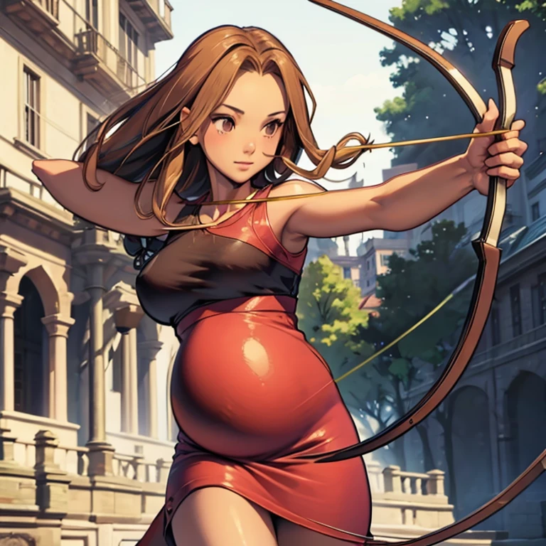 Sexy pregnant archer, graceful, jumping, drawing bow, thin, brown hair