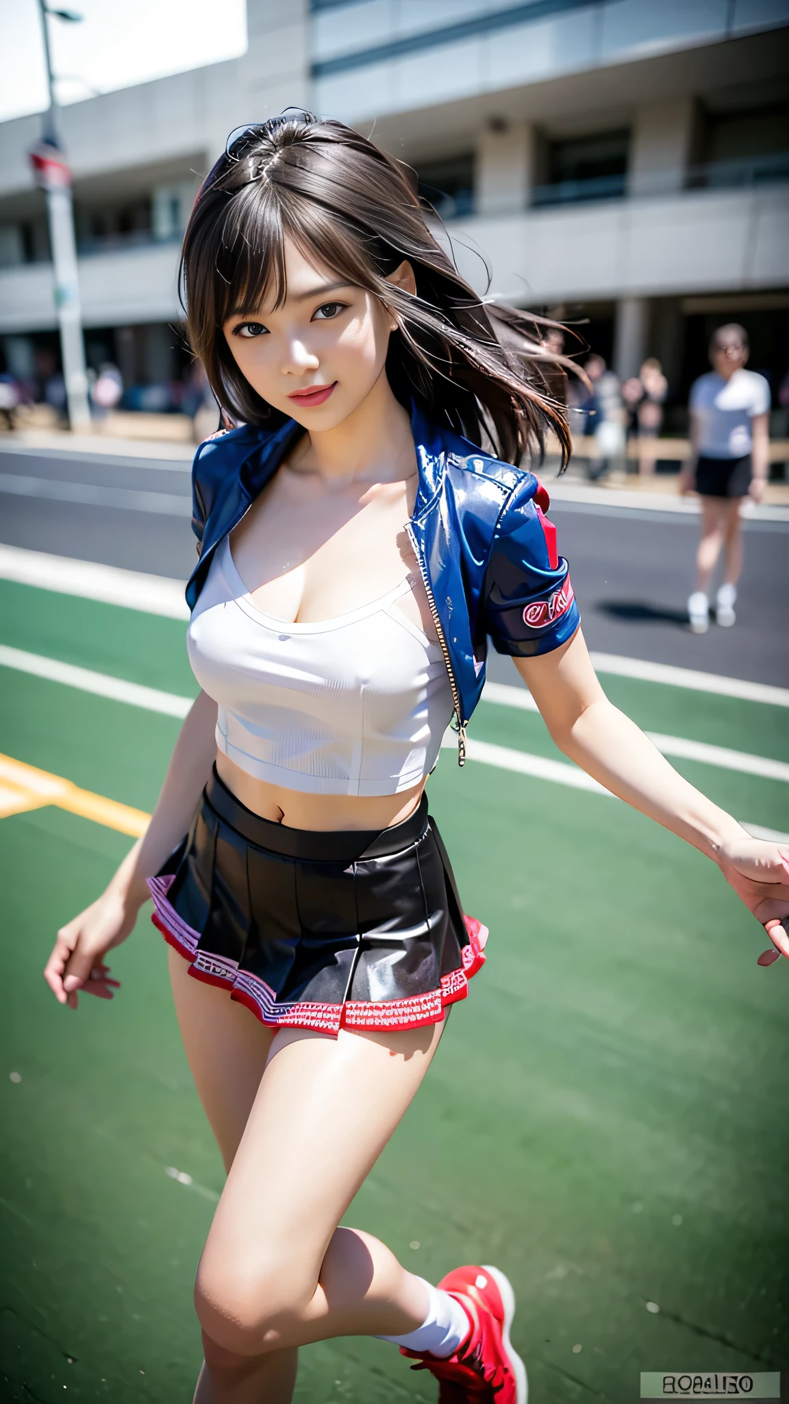 (8K, Raw photo, Best Quality, masutepiece:1.2), (Realistic, Photorealsitic:1.37), high resolution, 1girl in, 22 years old, (Idol:1.4), (beautiful detailed face:1), Bangs, (Multicolor floating hair), Light makeup, Shiny skin, long limbs, slim, hanging breasted:1.3, Narrow waist, medium hips, thin legs, slim thigh, lip stick, Looking at Viewer, (Long hair:1.3) , (cute face:1.4), heavy wind, Flowing hair, audience, (cute smile:1.3), blue-sky, (((Monte Carlo Street Circuit))), (((racing car))), ((( Racing Bikes))), ((Promotion Girl:1.3)), ((Grid Girl:1)), Pink lip, Light makeup, (Detailed promotional costumes are intricately worn:1.10), lace-up boots, Short sleeves, cropped tops, ((cute Short jacket:1)), (cute Tube Top Bra:1), knee high, (((Nylon short sleeve jacket with many logos))), (Knee Length Glitter Nylon Pleated Skirt), ((Asymmetrical medium size nylon pleated skirt)), small ass, ((Promotional wear with logo)), (((Red and White Glitter Promotional Wear))), Fingerless gloves, Navel View Style, A dark-haired, Brown hair, Red hair , Blue eyes, (sweat drop:1), (Dynamic Angle), Walking, bending forward, audience, ((Front lighting:1.5)), Bright lighting, Professional Lighting, Bright sky, sunlight, light shadows, Bright lighting, Professional Lighting,