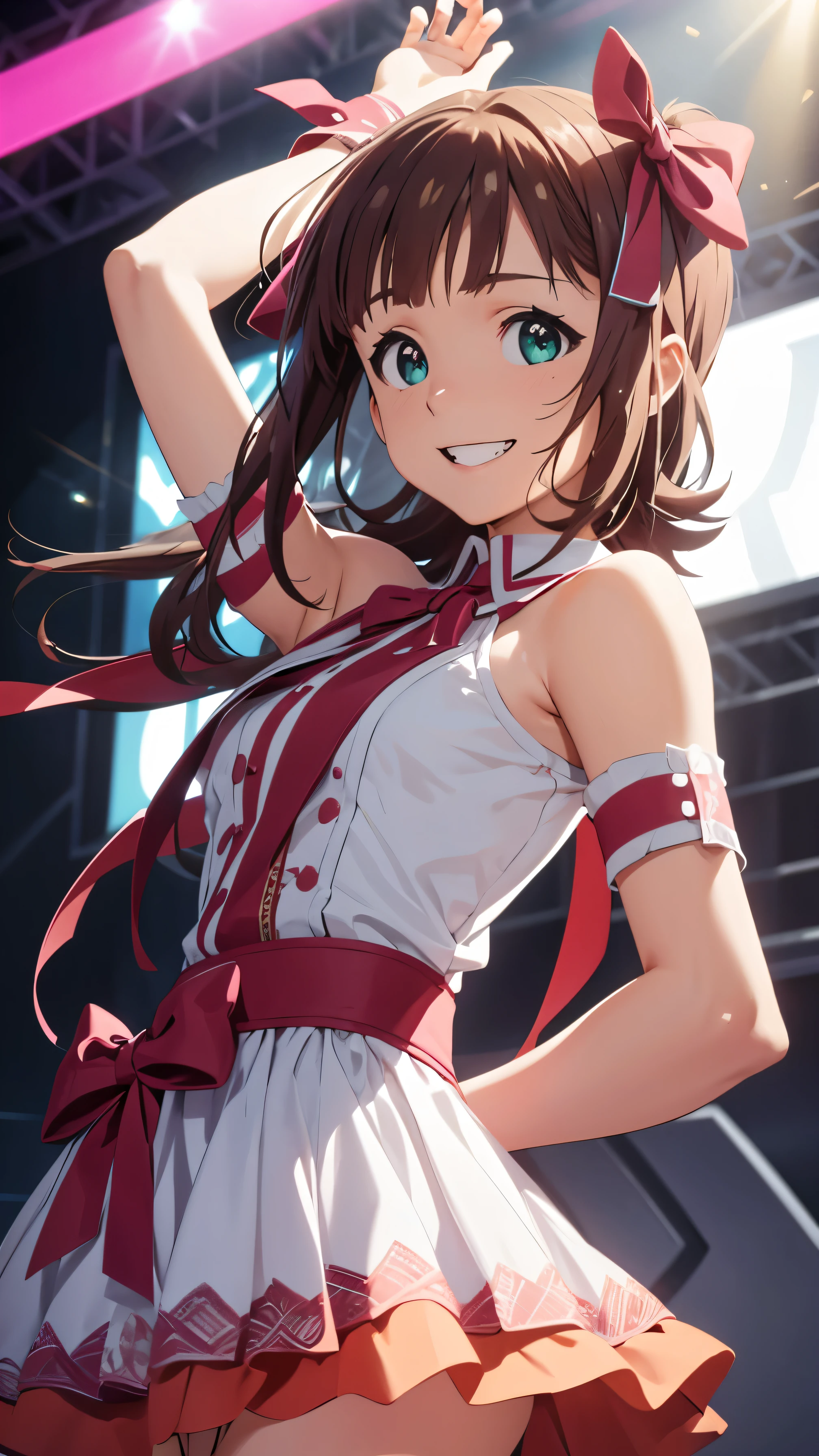 CG, Unity, 8k, wallpaper, highest quality, masterpiece, One girl, Cheerful girl, ************, haruka amami, sing, Please open your mouth wide, Idol Pose, (Bright smile: 1.2), Small symmetrical ribbons on either side of the head, Best lighting, Complex pupil, Complex weaving, On the shining stage, She is the best idol