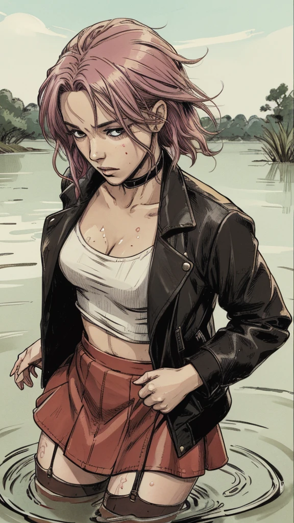 An anime woman with colored hair and t-shirt and leather jacket and denim skirt and stockings with garters drowning in the middle of swamp, fetishistic, depraved, caught, sinking, sweat, blushed, fuck herself