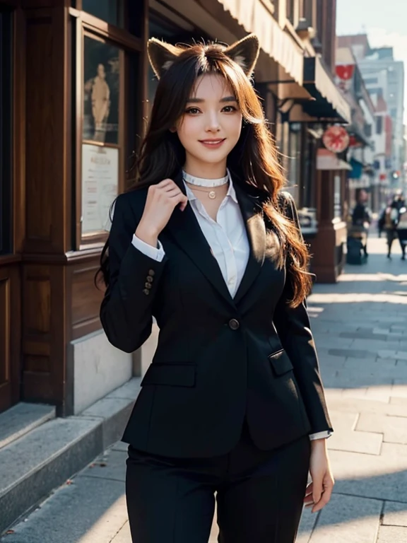 ((highest quality, 32k)), ((masterpiece)), (Get used to it), Perfect Face, Fox Girl, Beautiful woman, public, There is a tail, she has a fox tail, She wags her fluffy tail, smile, collar, She wears a business suit, Beautiful hip line, A tail sticking out from a business suit, Large Breasts