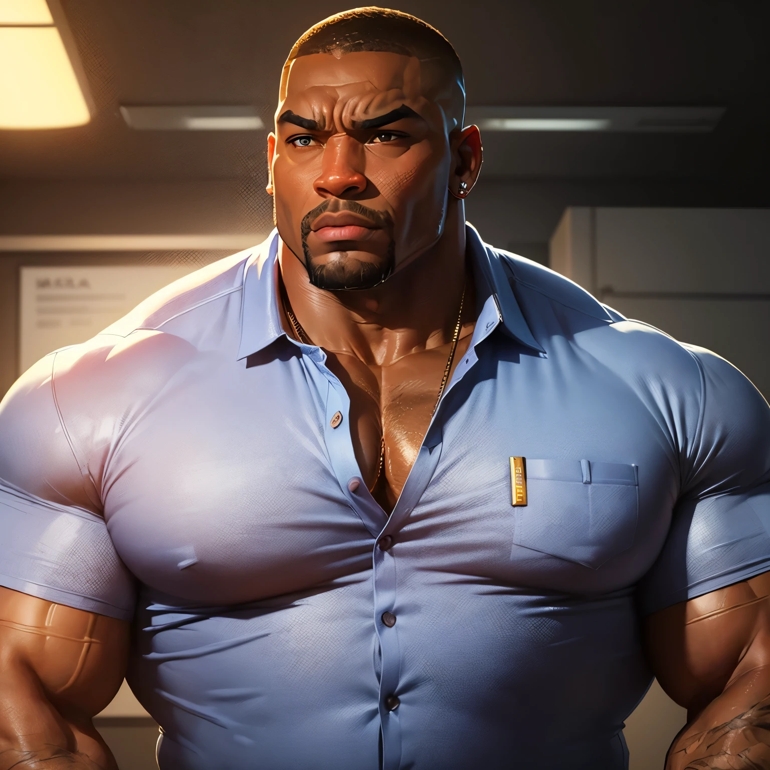 an exaggeratedly muscular and large bodyguard, beefy build, goatee, dark-skinned african american male, buzzcut hair with square line, (surprised expression: 1.2), (wearing casual business shirt: 1.2), small company badge on shirt, (bara pecs: 1.3), beefy pecs, gold earrings, arm tattoo, (arm and chest hair: 1.1), portrait HD, (fluorescent bright business office)