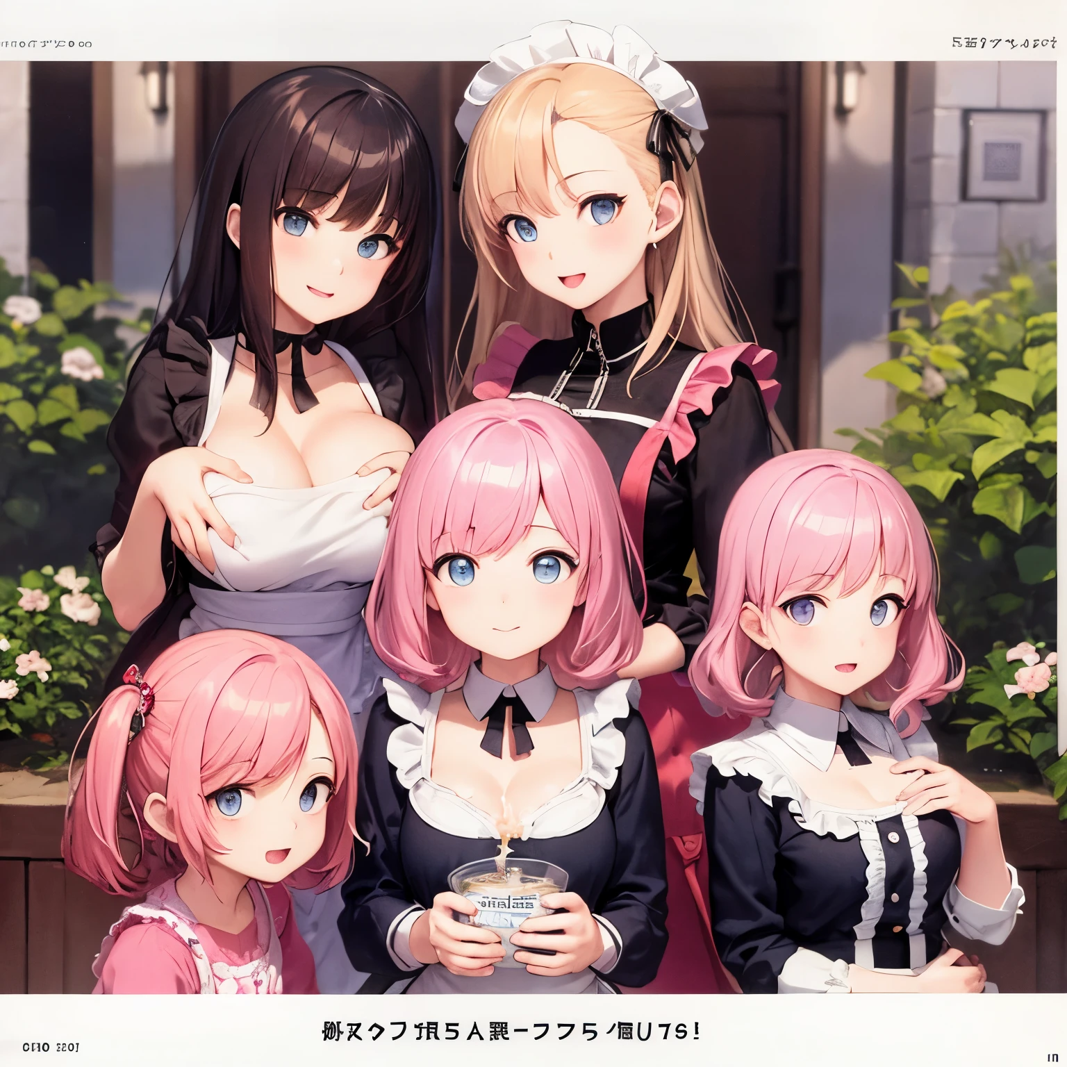 ((highest quality)), ((masterpiece)), (detailed), Perfect Face、Naughty、girl、blue eyes、Pink Hair、cute、she、I like you、Mom、milk、Breast milk、apron、Upper Body
