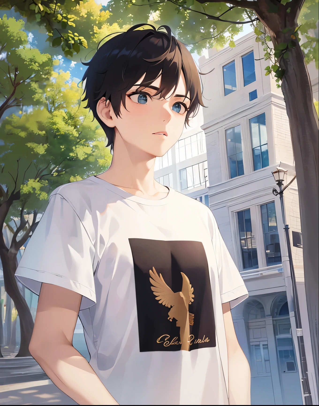 The background is a park、White T-shirt、jeans