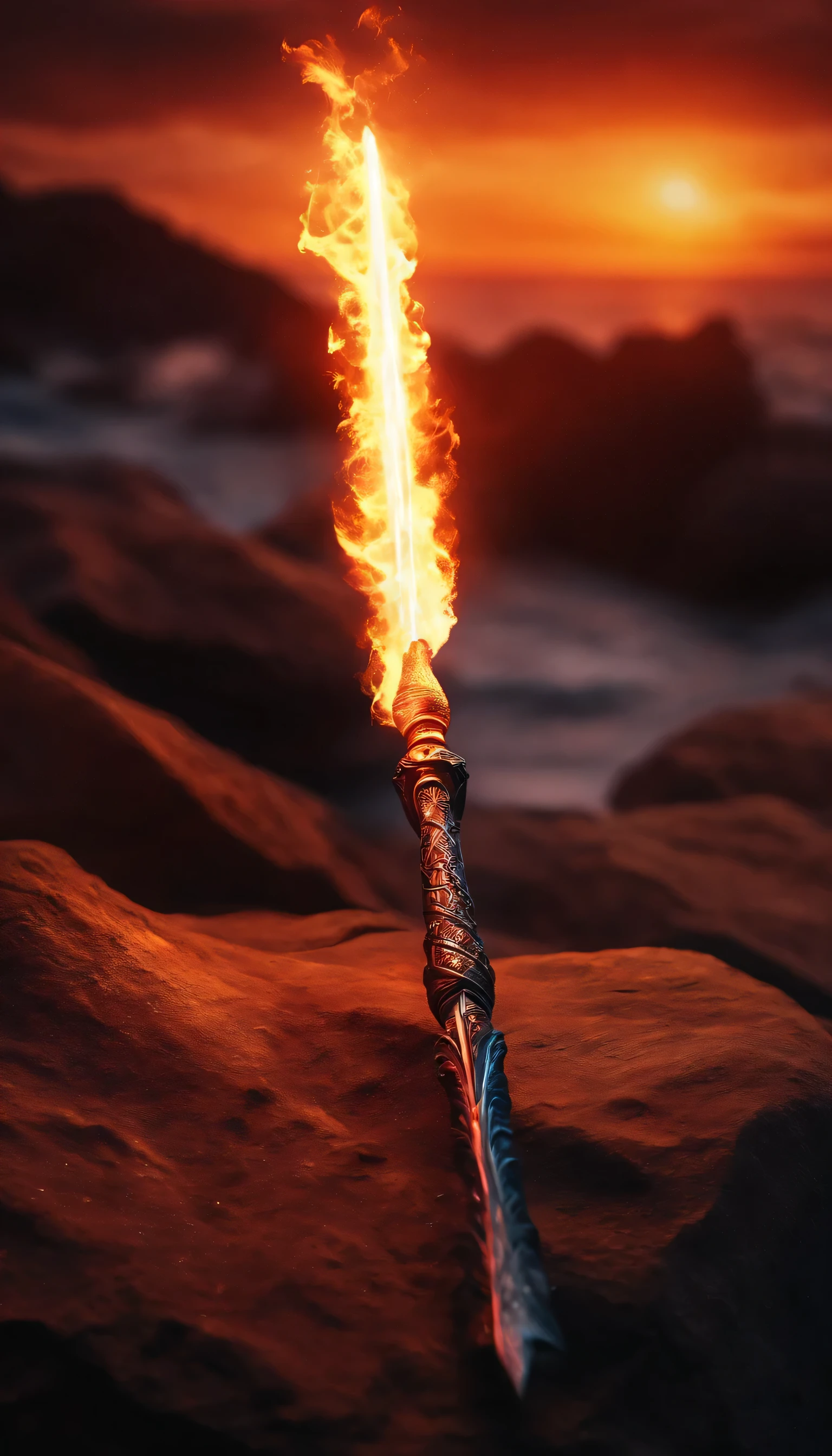 Long magic wand, dark weapon, magic aura, terrifying weapon. laydown on the rock in fire background.