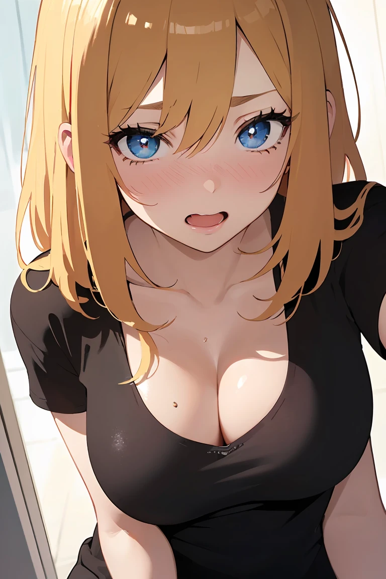 masterpiece, absurdres, best quality, ultra detailed, high Resolution, detailed illustration, bright colour, (extremely beautiful detailed face and eyes, Delicate beautiful face, 1 girl, cute face:1.3), (magenta eyes:1.1), sparkling eyes, big eyes, medium breasts, (perky breasts:1.1), (pointy breasts:1.1), medium hips, glamorous body, white skin, BREAK, long bob cut, (blonde hair:0.8), messy hair, detailed hair, shiny hair, BREAK (buggy t-shirt, Cleavage, slouch:1.5), perfect lighting, (embarrassed:1.5), (ecstasy, vulgarity:1.5), (trembling:0.8), From above,