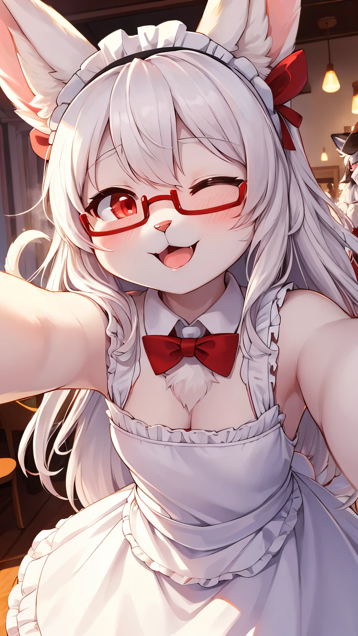 (fluffy anthro furry :1.6),(young :1.8),white rabbit girl,small breasts,red eyes,white long hair,wavy hair,messy hair,white drooping rabbit ears,white rabbit tail,white body fur,glasses,red ribbon bowtie,red ribbon hairpins,red bracelet,naked,sitting,professional kitchen,spread legs,spread pussy,plenty pussy juice,heavy breath,full face blush,sex desire face,grin,pussy steam,upper body only