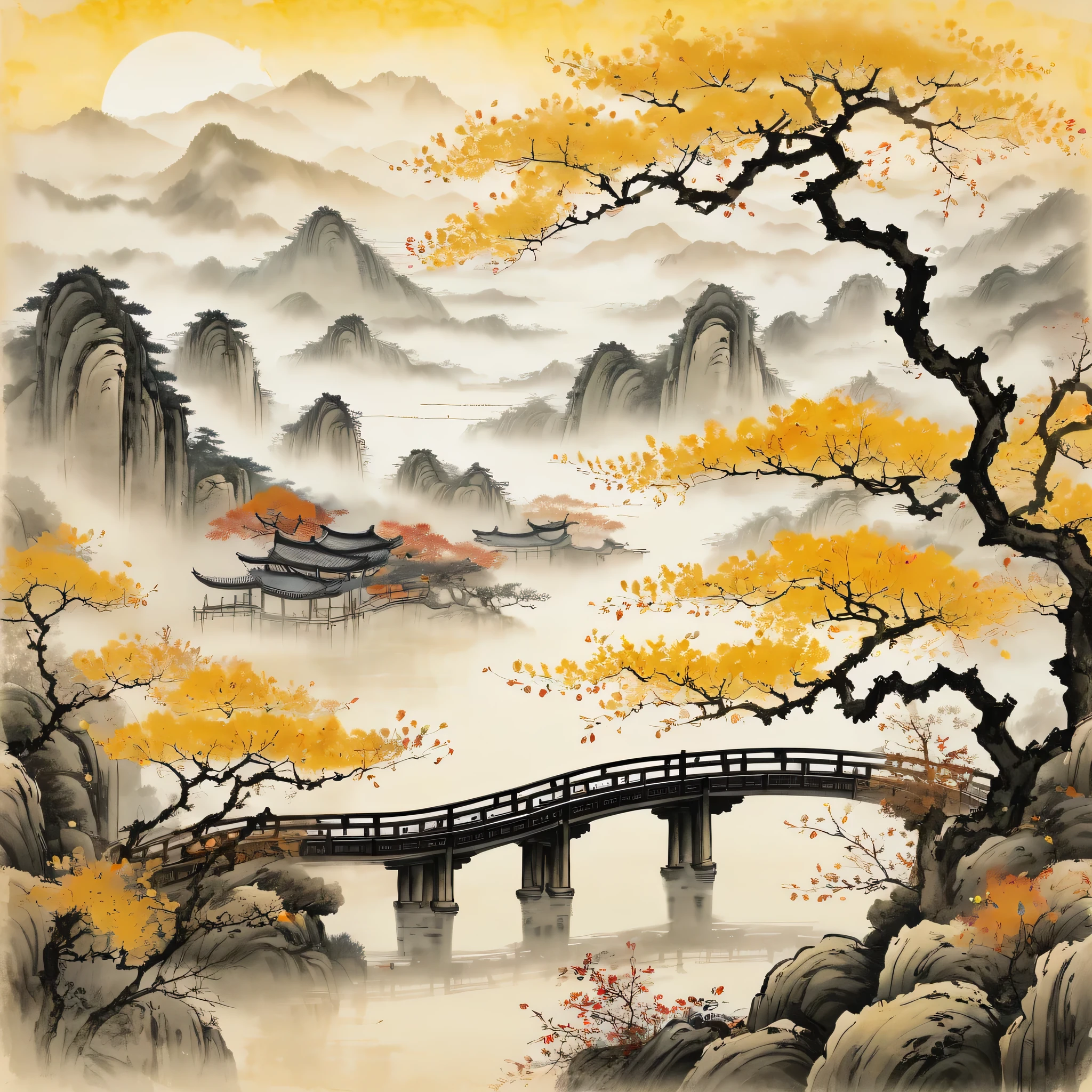 in the style of ancient Chinese painting, on old yellow paper, High detail, China landscape, fine drawing of contours, China landscape, view from the old mountain terrace, branch with autumn leaves, Man silhouette, in the distance there is a large river and misty mountains, rain, background foggy mountain landscape