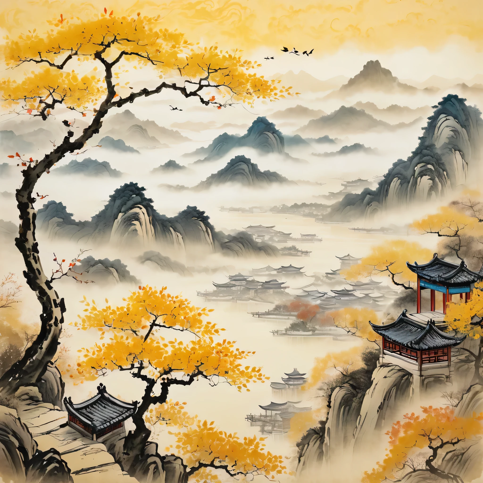 in the style of ancient Chinese painting, on old yellow paper, High detail, China landscape, fine drawing of contours, China landscape, view from the old mountain terrace, branch with autumn leaves, Man silhouette, in the distance there is a large river and misty mountains, rain, background foggy mountain landscape