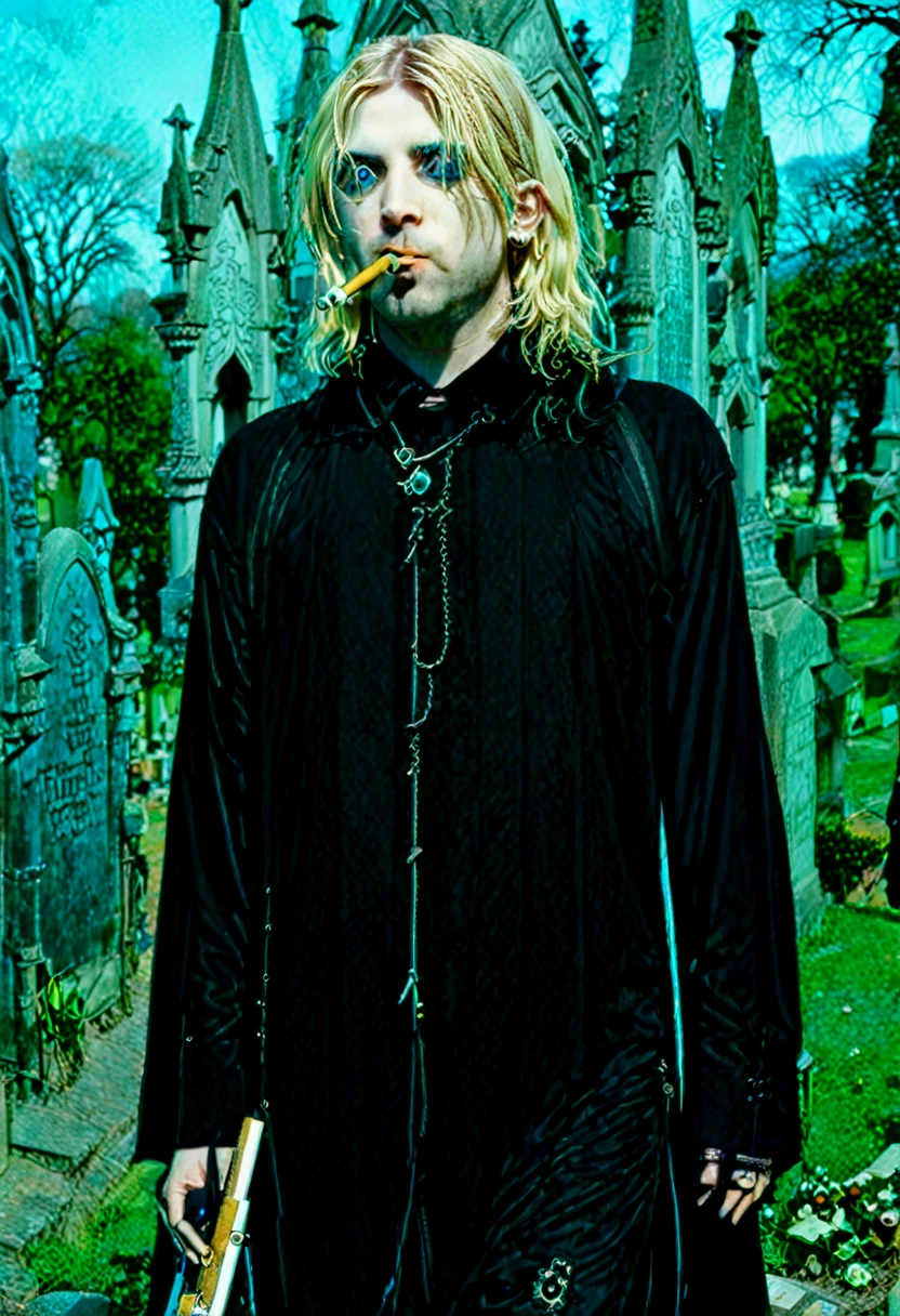 fotografia de Kurt Cobain, cabelo loiro bem claro, olhos azuis, vocalista da Banda Nirvana,((with black Victorian gothic clothes)) walking in a cemetery with a cigarette in your mouth.

