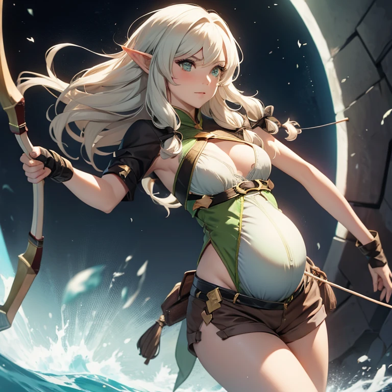 Sexy pregnant elven archer, graceful, jumping, drawing bow, thin, cleavage, medium breasts