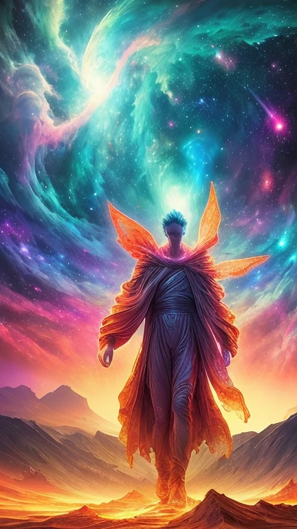 The spectacular scene:A figure emerged from the glowing clouds., Fractal nebula line, Cosmic entities, skyline, Cosmic, Energetic, whirlpool, Rotation, unrealistic, High contrast, Symbolism, magic, mystery, mind bending, Surrealism, over-saturated, colorfully