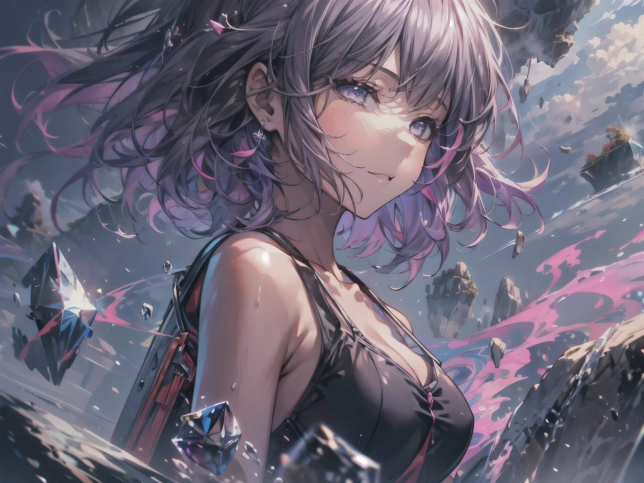 1girl, (masterpiece, best quality, ultra-detailed), sharp focus, detailed face, face focus, extremely detailed eyes, long hair, straight bangs, parted bangs, (purple hair, pink streaked hair), closed eyes, long eyelashes, rosy cheeks, light smile, flawless skin, delicate makeup, medium breasts, ((colors of clothing: black and dark grey)), ((shinkai makoto style, floating islands in sky, waterfall falling from islands, giant crystal tree in middle, girl looking from distance)), cinematic lighting, rim lightning, ray tracing, shadowing, dynamic angle