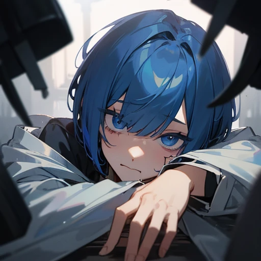 male、Deep blue bob hair、The bangs are showing one eye and hiding the other.、blue eyeale、maleの子、male性、prince、King、Short、Bleeding、I'm in despair、Almost dead