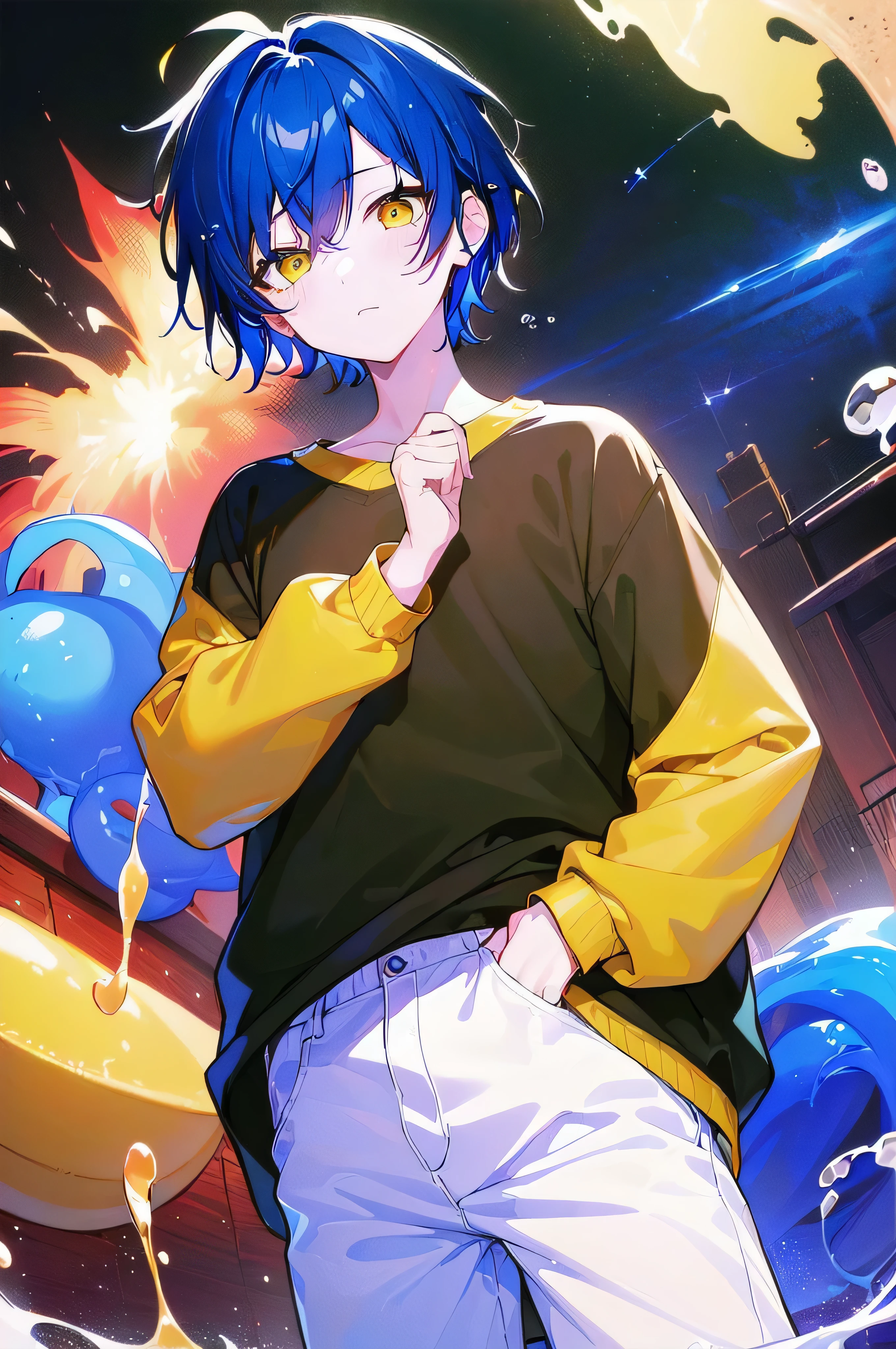[(GALAXY BACKGROUND:1.5),::5], ((((masterpiece)))), high quality, very_high_resolution, large_filesize, full color, ((younger boy)), 13 old year, short deepblue hair, vivid color, ((yellow eye)), civilian clothes white, animestyle, (Soda Splash effect:1.3)