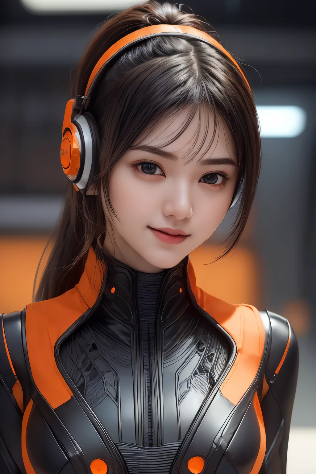 Top Quality, Masterpiece, Ultra High Resolution, (Photorealistic: 1.4), Raw Photo, 1 Girl, Black Hair, Glossy Skin, 1 Mechanical Girl, (((Ultra Realistic Details)), Portrait, Global Illumination, Shadows, Octane Rendering, 8K, Ultra Sharp, Intricate Ornaments Details, she is wearing a Futuristic Gaming Headphone, nixie suga, very intricate detail, realistic light, CGStation trend, brown eyes, glowing eyes, (matte black and glossy orange tight fabric suit with orange lining on her fabric suit) , Long hair, Ponytail hair, Half body shot, spaceship bridge background, dynamic pose, dynamic stand, close up, smiling
