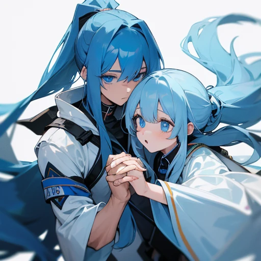 A blue-eyed angel boy with long blue hair in a ponytail with bangs that expose one eye and one eye that is hidden by a bang, and a blue-eyed and long-haired angel girl are holding hands