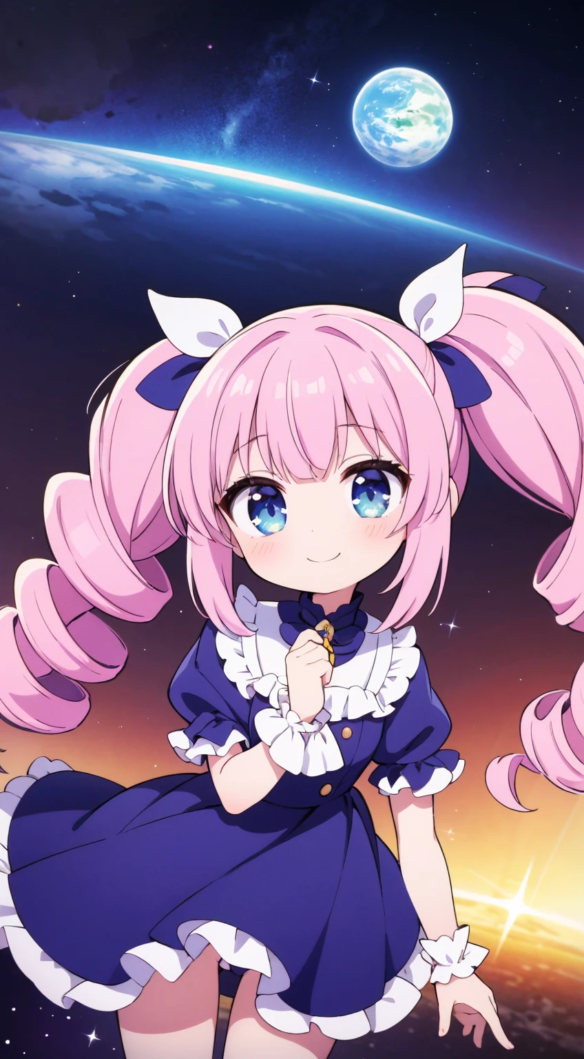 masterpiece，最high quality，Zoom out from space，超スペシャルcute，cute，smile，Shineピンクの髪_Twin Drill Tail，Princess Fashion，pastel，ribbon，Frills，Shine，mysterious，high quality，Beautiful graphics，Super detailed，Entering the rings of a planet