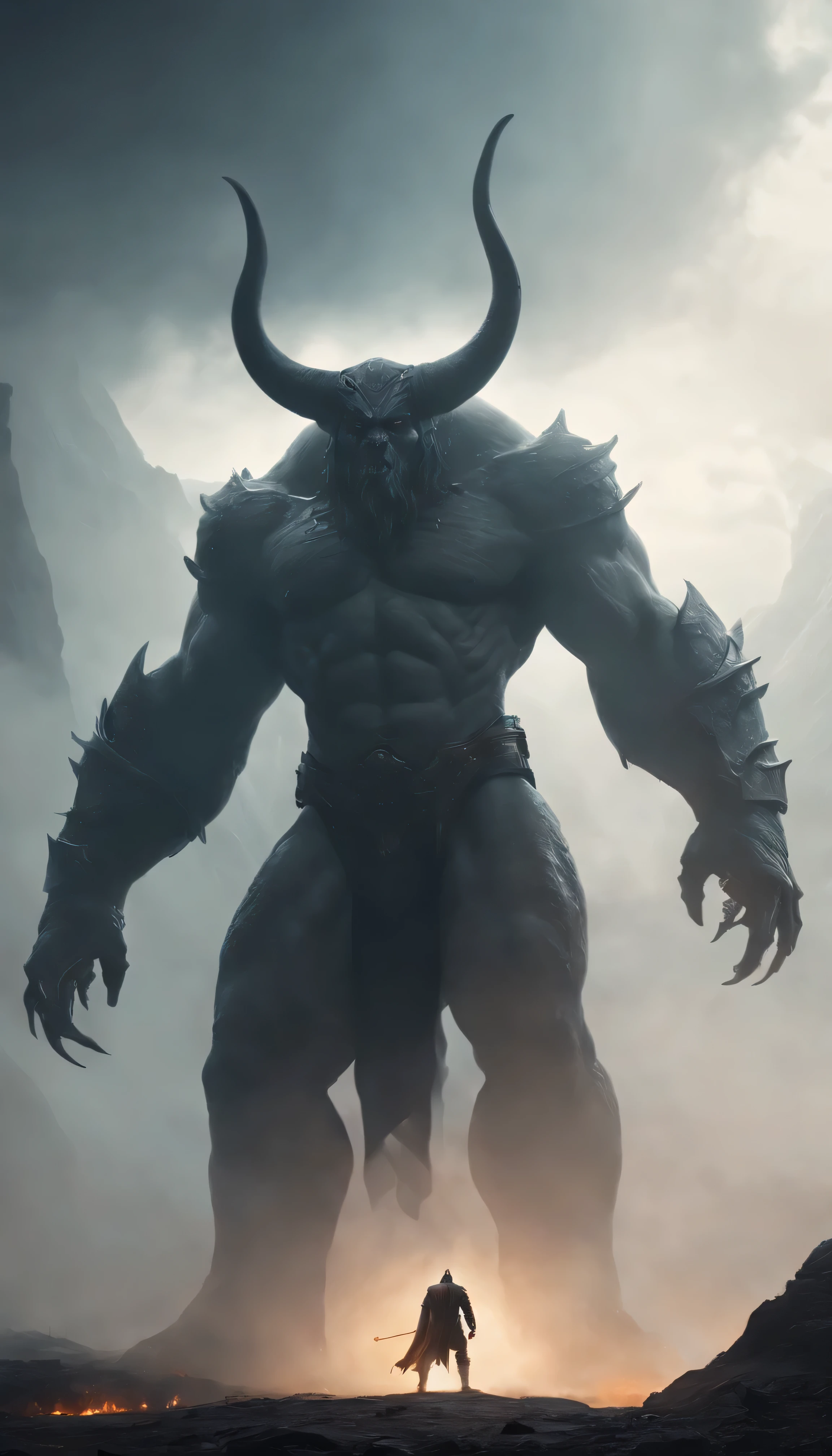A wizard silhouettes standing in front of a massive foggy Minotaur aggressively standing 300 feet tall, located in a battlefield , concept art wallpaper 4k, sci-fi fantasy wallpaper, sci fi artwork, detailed sci-fi art, beautiful sci fi art, spaceships in the cloudy sky, concept art artwork masterpiece, concept art 4k, concept art 4 k, sci fi concept art, mystical sci-fi concept art