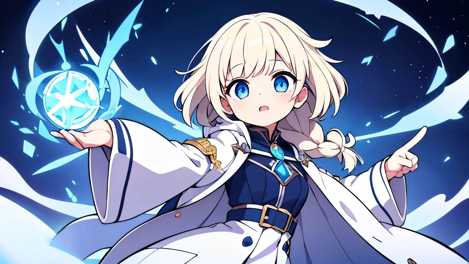 A female alchemist chanting a spell with her index finger pointing up,Platinum blonde curly short hair,Partial long hair braids,Ice Blue Eyes,White coat-like jacket,The clothes inside are navy blue,Flying in the sky,Red gemstone shards are floating around her,Final Boss