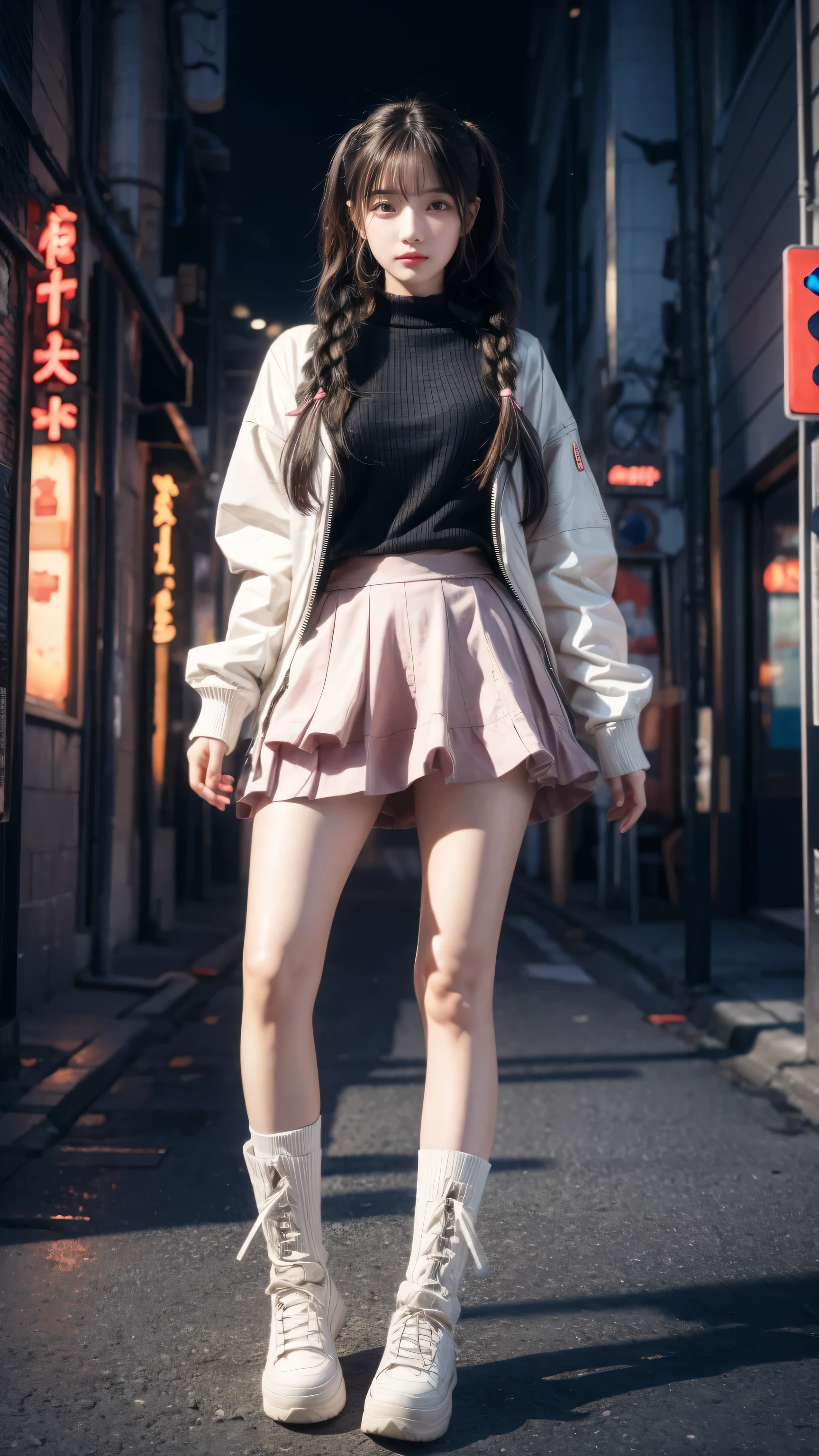 high resolution, best quality, masterpiece, very high image quality, Super detailed, Surrealism, 3D, Japanese cartoons, illustration, fantasy, Hard Rock Girl, Very pretty and cute, Pink wavy hair, Side braids, mini skirt, Knee socks, Engineering boots, Background cyberpunk city galaxy