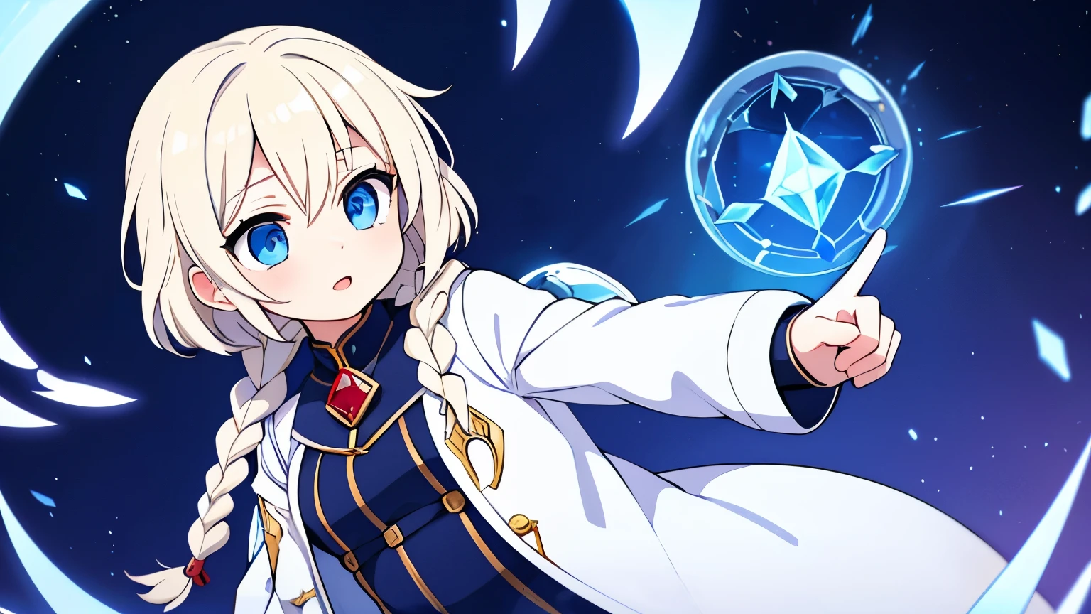 A female alchemist chanting a spell with her index finger pointing up,Platinum blonde curly short hair,Partial long hair braids,Ice Blue Eyes,White coat-like jacket,The clothes inside are navy blue,Flying in the sky,Red gemstone shards are floating around her,Final Boss