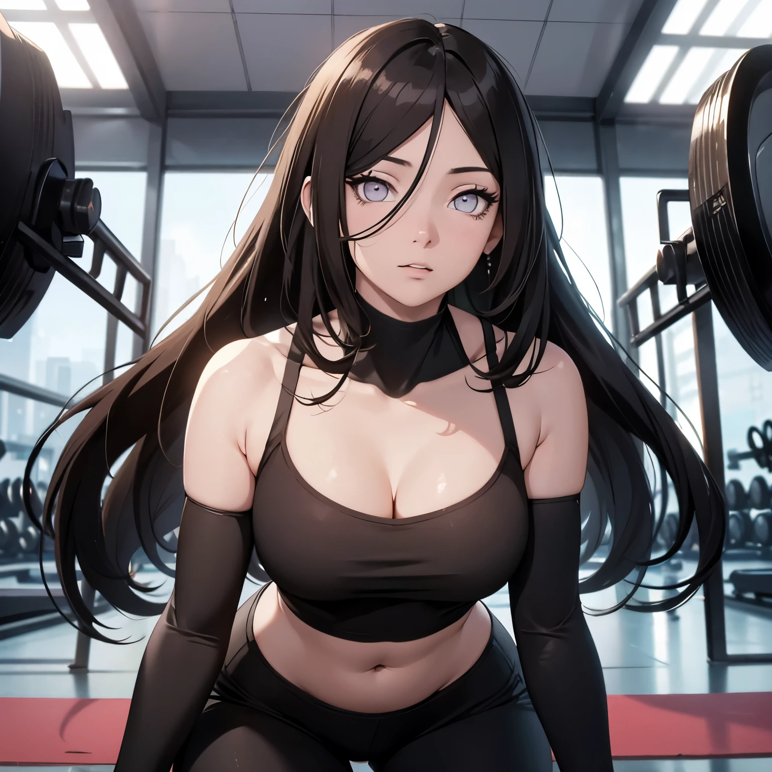 (masterpiece), anime, Best quality, good anatomy, one girl, (on your knees), white eyes, Big breasts, realistic face, gloomy face, Looking down, dark hair, navel ,bare shoulders, tight black top, black pants, tall legs, beautiful legs, gym, Reflectors, 8K masterpiece, super detail, film movie, best quality, best ditails, detailed face, detailed eyes, camera from bellow