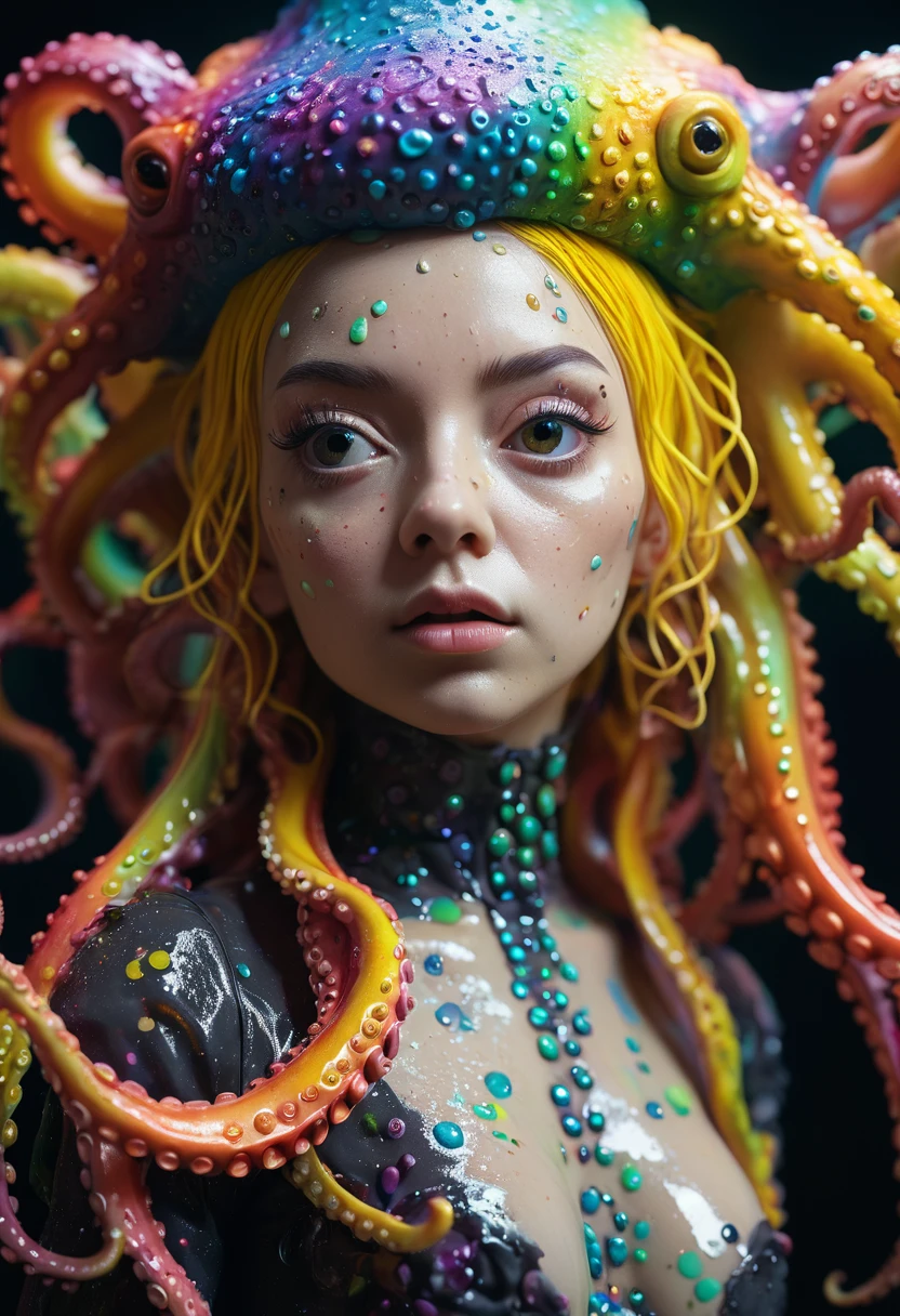 8K, ARTISTIC photogrAphy, best quAlity, mAsterpiece: 1.2), A (potrAit:1.2) witch BLOOD Toon Doll Cthulhu QUEEN, RAINBOW many octopus style tentacles, full body RAW candid cinema, yellow hair, 16mm, color graded portra 400 film, remarkable color, ultra realistic, sad admosphere, dark lighting, oppressive atmosphere, depressive colors, kodak portra 400, photograph,r, Natural Light, Pinhead lighgts, blur reflection, Brush Strokes, Smooth, abstract, Splatter, Oil On Canvas, rainbow colors, fractal isometrics details bioluminescens : a stunning realistic photograph of wet bone structure, 3d render, octane render, intricately detailed, titanium decorative headdress, cinematic, trending on artstation | Isometric | Centered