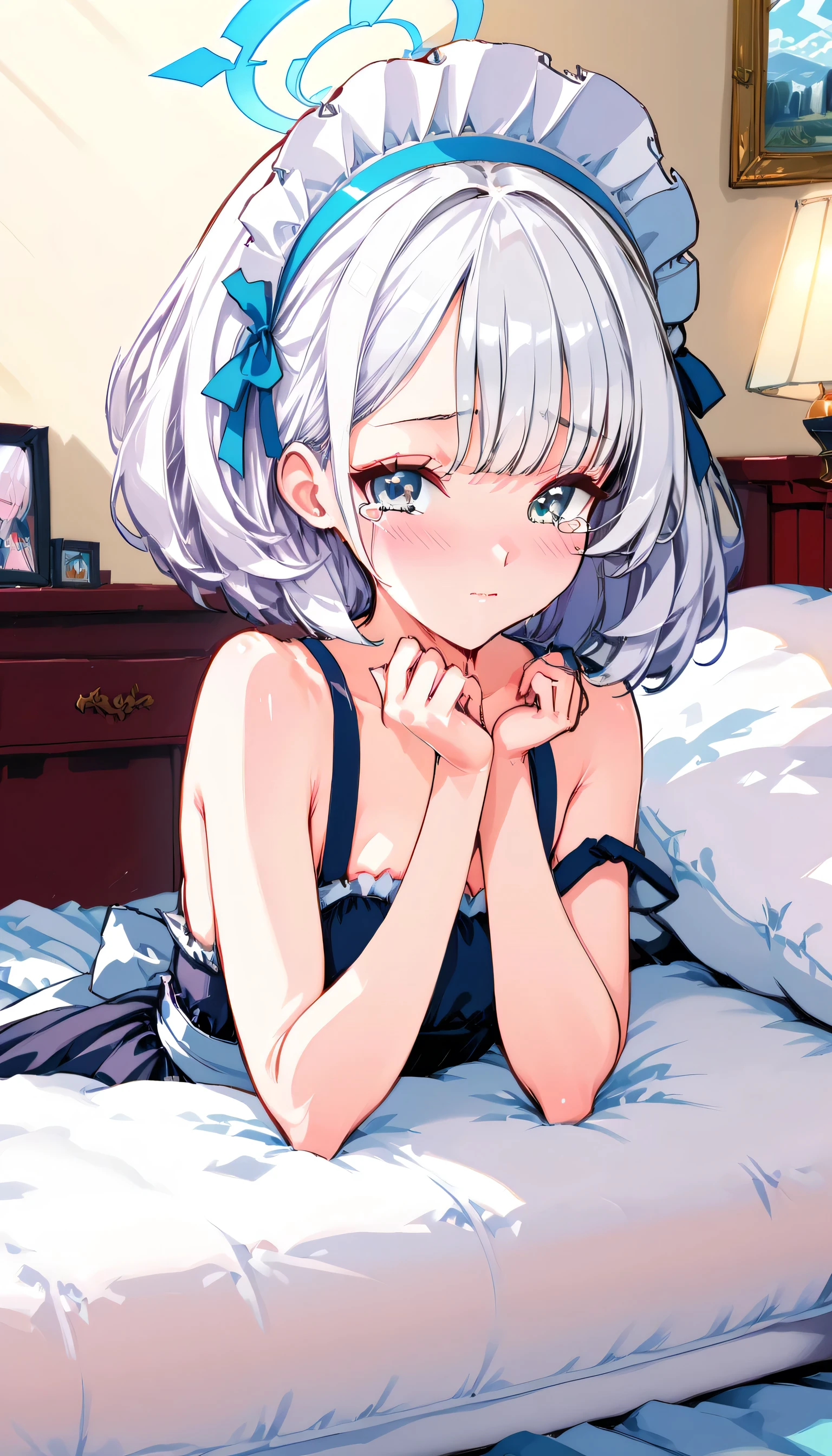 high quality, high lighting, colorful, 4K, HD, HDR, rgb, portrait, world, masterpiece, illustration, painting, anime, blue archive anime style, fcloseup, beautiful characters, perfect body, neat, beautiful, realistic, 1girl, solo, shy, shy expression, shy pose, maid outfit (anime style), short white hair, blue eyes, resigned, in bed, bedroom, shy, face, red, stockings, ager, beautiful, posing in mattress, messy mattress, blue archive, slightly open, tears,