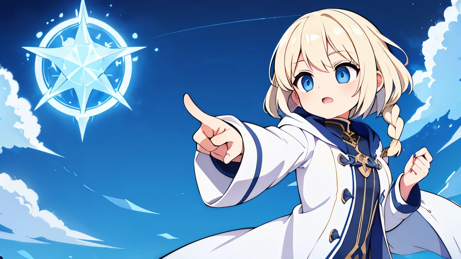 A female alchemist chanting a spell with her index finger pointing up,Platinum blonde curly short hair,Partial long hair braids,Ice Blue Eyes,White coat-like jacket,The clothes inside are navy blue,Flying in the sky,The Philosopher's Stone is floating around her,Final Boss
