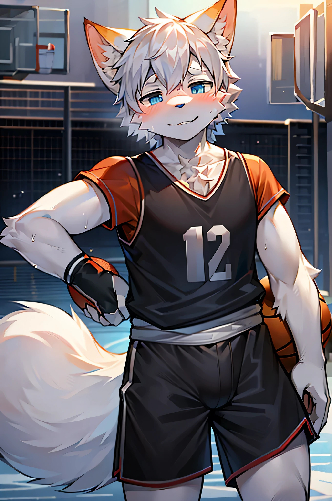 masterpiece, best quality, 8k resolution, Very detailed, hairy,Solitary,White fox ears,fox,,Snow Fox,White fur,Snow white all over,Nine tails ice attribute magic,male,Lovely,Shy,,Detailed facial depiction,Highest quality scene,Sky blue eyes,sweaty,whole body,male。,Basketball court,Blue basketball jersey,Black basketball shorts,White basketball shoes,Crotch raised,juvenile,Dynamic,Standing,