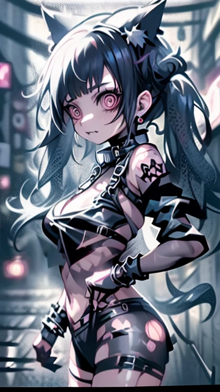 8k,wallpaper of extremely detailed CG unit, ​masterpiece,hight resolution,top-quality,top-quality real texture skin,hyper realisitic,increase the resolution,RAW photos,best qualtiy,highly detailed,the wallpaper, BREAK ,solo,1girl,cute,kawaii,evil smile,hair floating,hair messy,black hair,long hair,twin tails hair,pale skin,skin color blue,eyes are red,red eyes shining,big eyes,ripped clothes,tight tube top,breast,tight hot pants,dynamic pose,dynamic angle,stomach shown,(punk fashion:1.4),(black cat ear:1.4),outside,noisy city,backstreet,narrow street,street lights,[chibi],