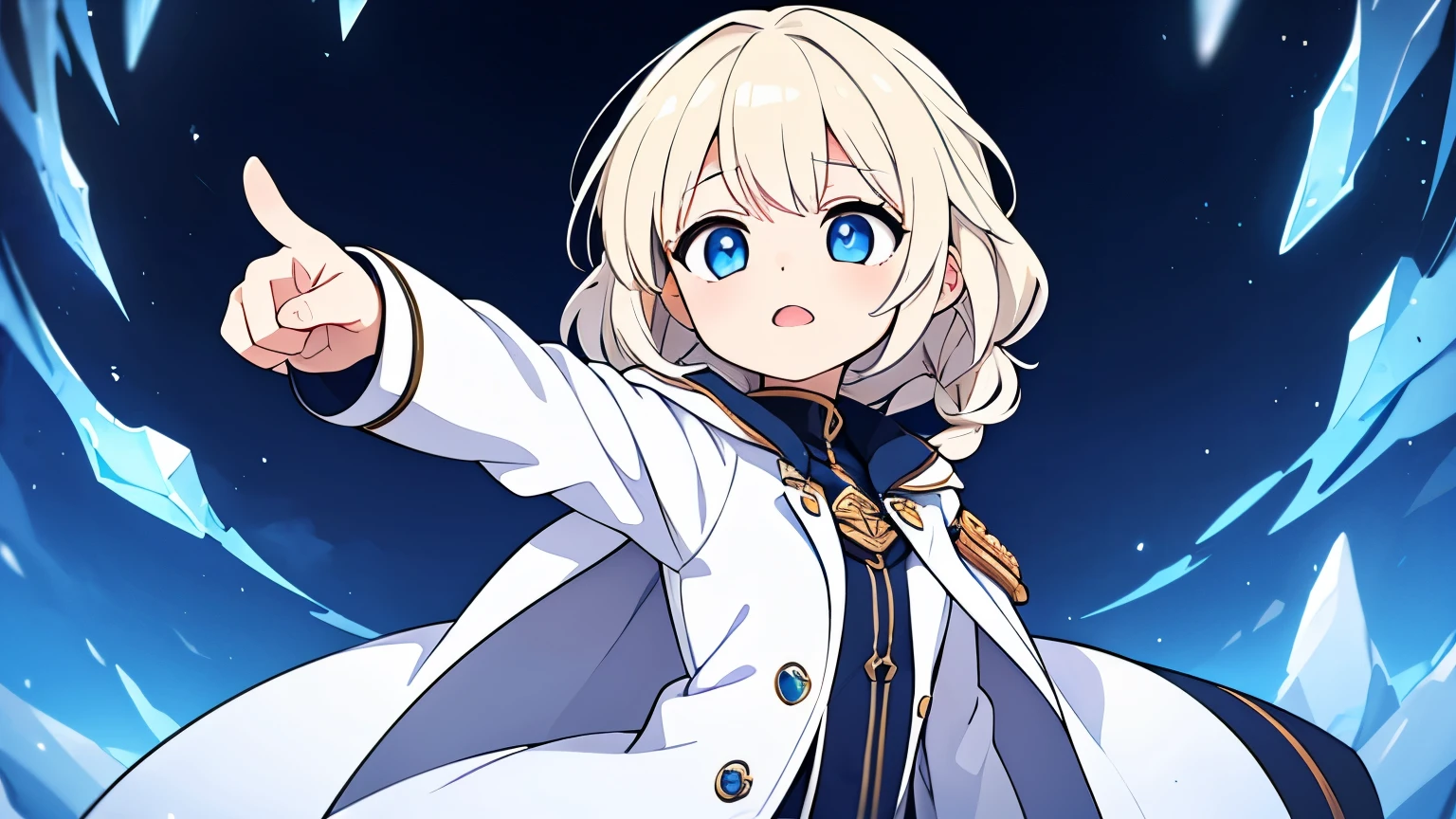 A female alchemist chanting a spell with her index finger pointing up,Platinum blonde curly short hair,Partial long hair braids,Ice Blue Eyes,White coat-like jacket,The clothes inside are navy blue,Flying in the sky,Pieces of jewellery floating around her,Final Boss