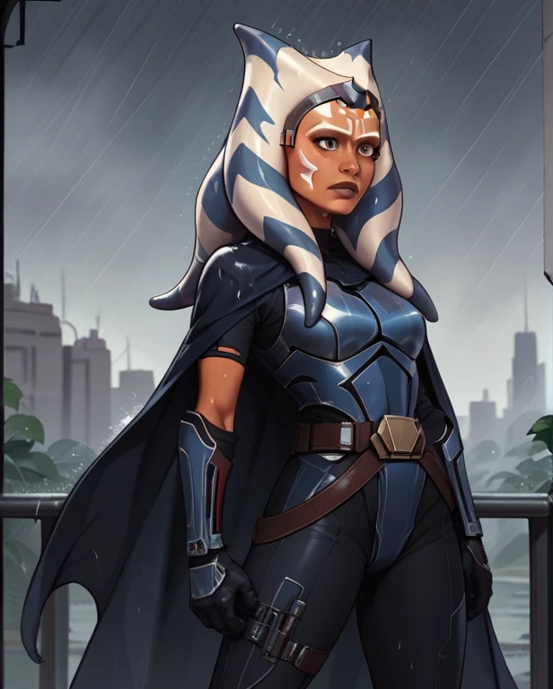 score_9,score_8_up,score_7_up,score_6_up,
ahsoka, bo katan armor
body, wet,    split, standing on  legs,
armor,gloves,black bodysuit,latex black cape,belt,rain,
science fiction,, star wars, outdoors,  rain, 
solo,