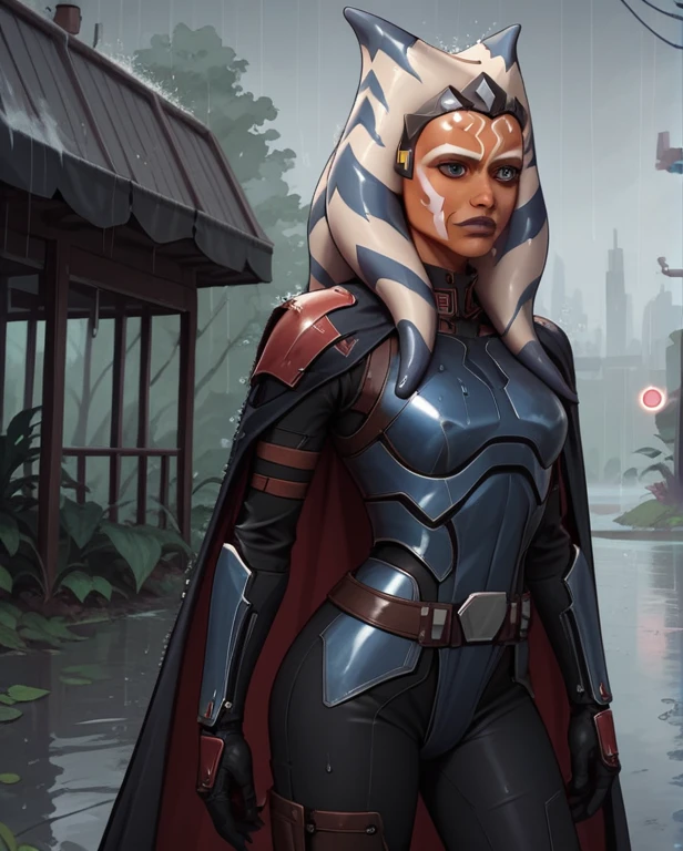 score_9,score_8_up,score_7_up,score_6_up,
ahsoka, bo katan armor
body, wet,    split, standing on  legs,
armor,gloves,black bodysuit,latex black cape,belt,rain,
science fiction,, star wars, outdoors,  rain, 
solo,