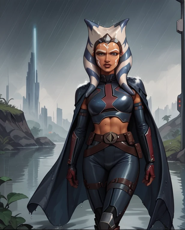 score_9,score_8_up,score_7_up,score_6_up,
ahsoka, bo katan armor
body, wet,    split, standing on  legs,
armor,gloves,black bodysuit,latex black cape,belt,rain,
science fiction,, star wars, outdoors,  rain, 
solo,