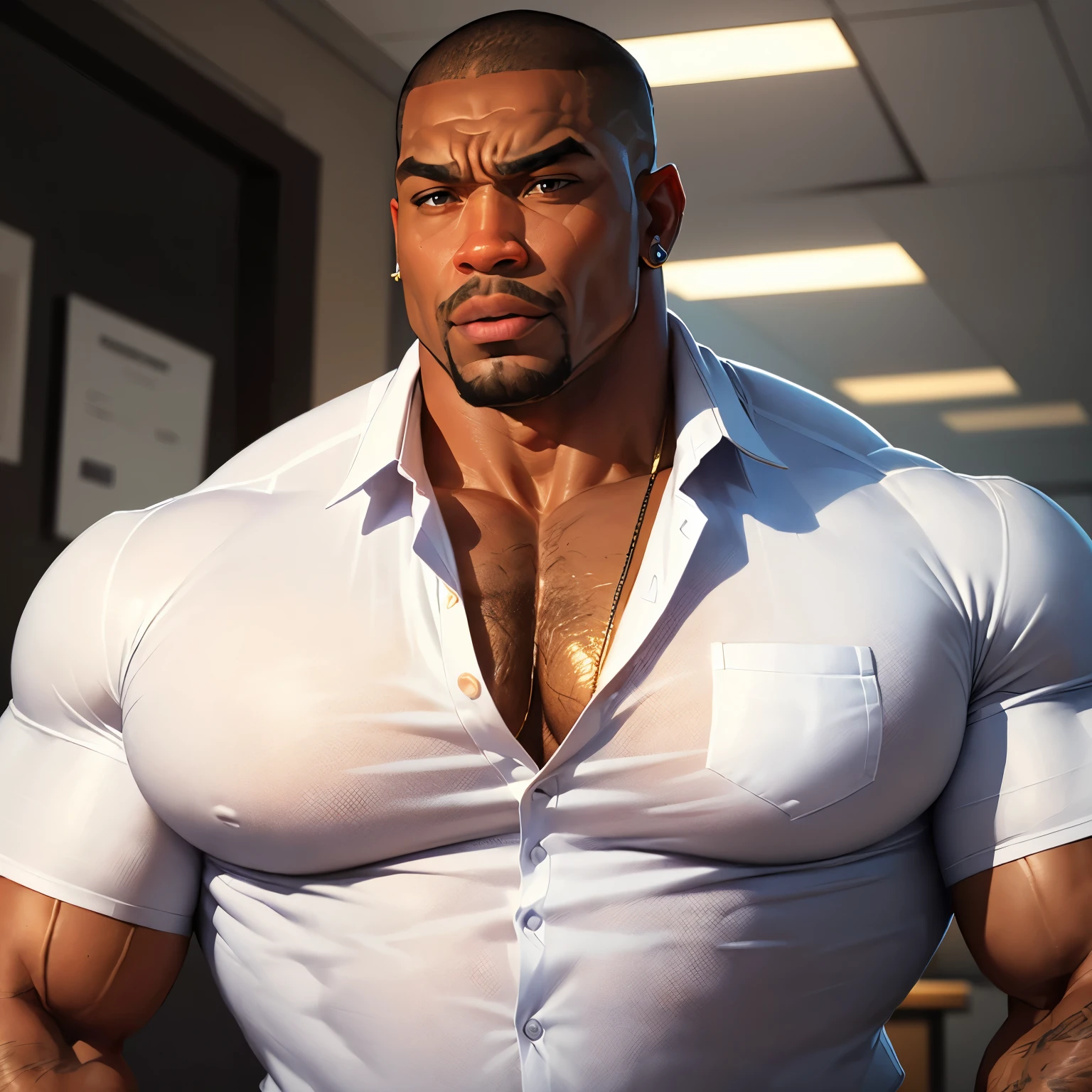 an exaggeratedly muscular and large bodyguard, beefy build, goatee, dark-skinned african american male, buzzcut hair with square line, (surprised expression: 1.2), (wearing white casual business shirt: 1.2), small company badge on shirt, (bara pecs: 1.3), beefy pecs, gold earrings, arm tattoo, (arm and chest hair: 1.1), portrait HD, (fluorescent bright business office)
