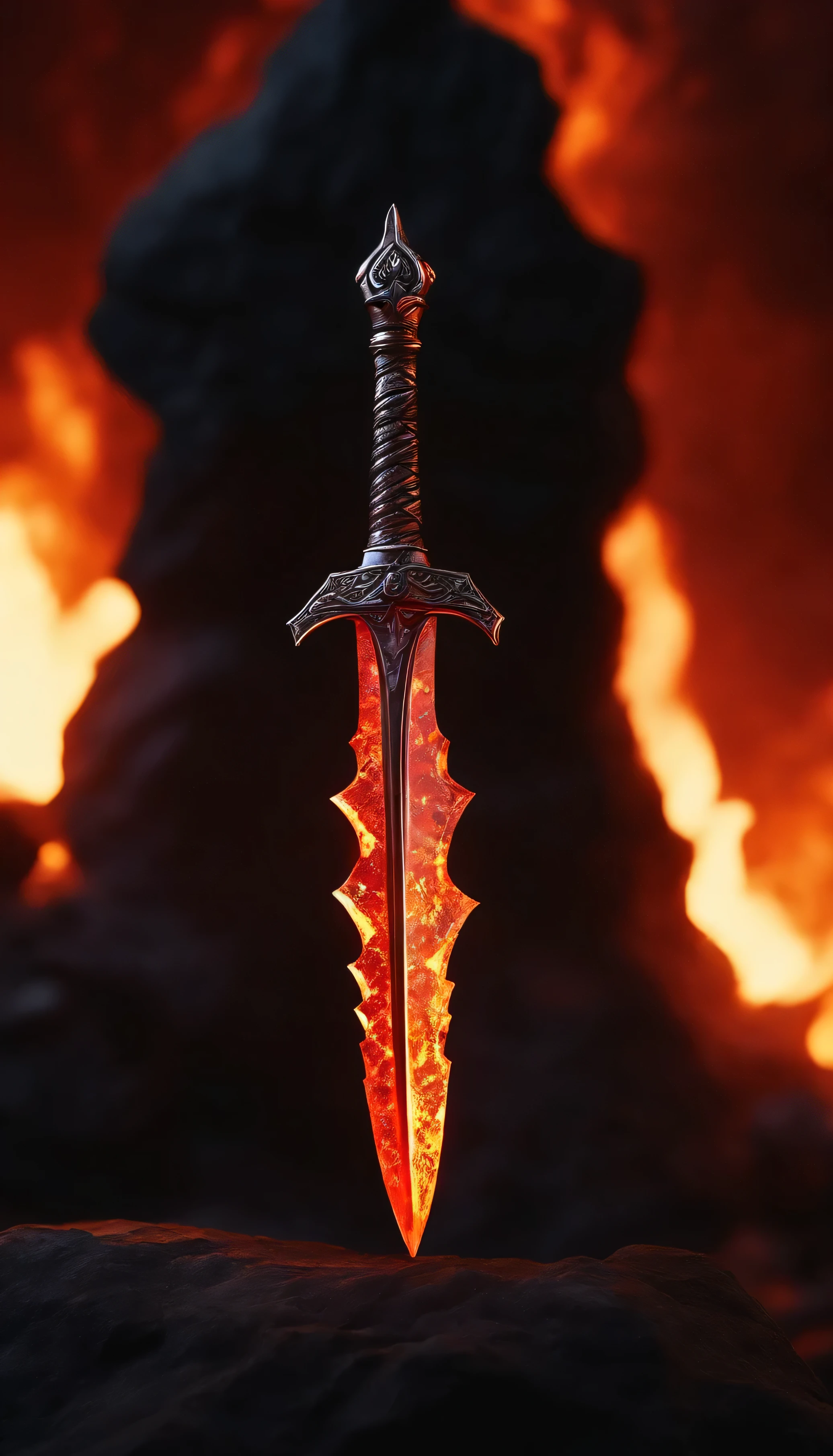 A dagger weapon with lava aura, dark weapon, magic aura, terrifying weapon. laydown on the rock in fire background.
