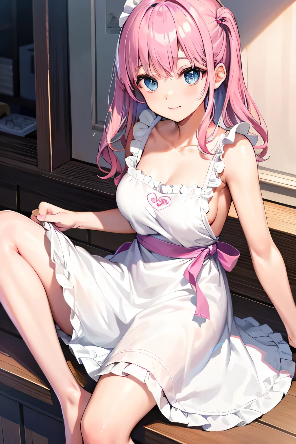 ((highest quality)), ((masterpiece)), (detailed), Perfect Face、girl、blue eyes、Pink Hair、cute、she、I like you、family、Mom、Breastfeeding、Naked Apron