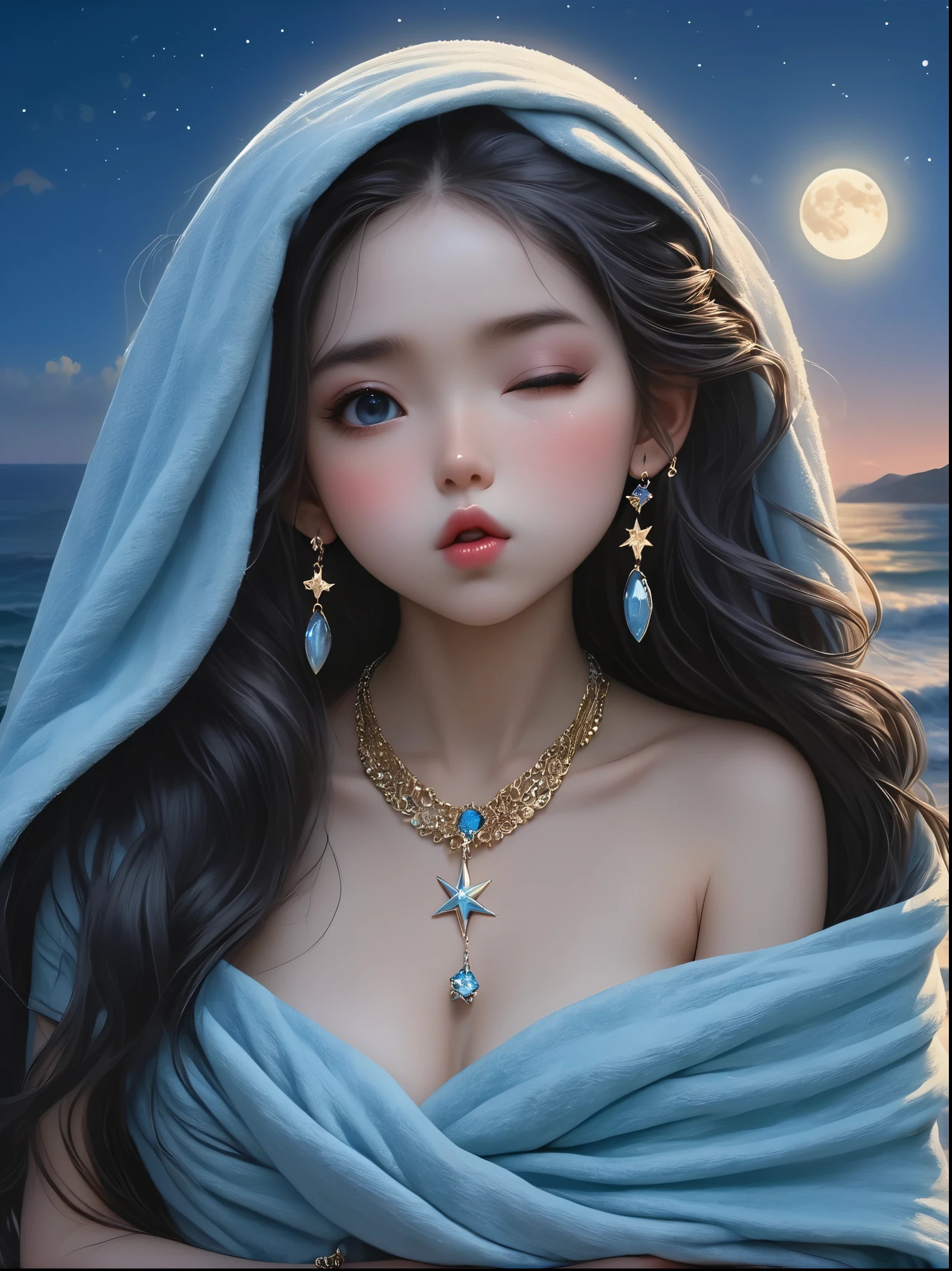 masterpiece,actual,dark,Blue tint,Surrealism, Star Halo, In the bright embrace of the moonlight serenade, 1girl, Long hair, Black Hair, (Close one eye:1.6), (Hiding in a blanket:1.4), Looking at the audience, Realist Artist, (Head chain), (jewelry:1.3), necklace, Suspenders, (translucent:1.2),seaside,Beach,Pouting cute little mouth, faint blush, Proud, Cartoon Style, full-body shot, Super Detail, Anatomically correct, masterpiece, precise