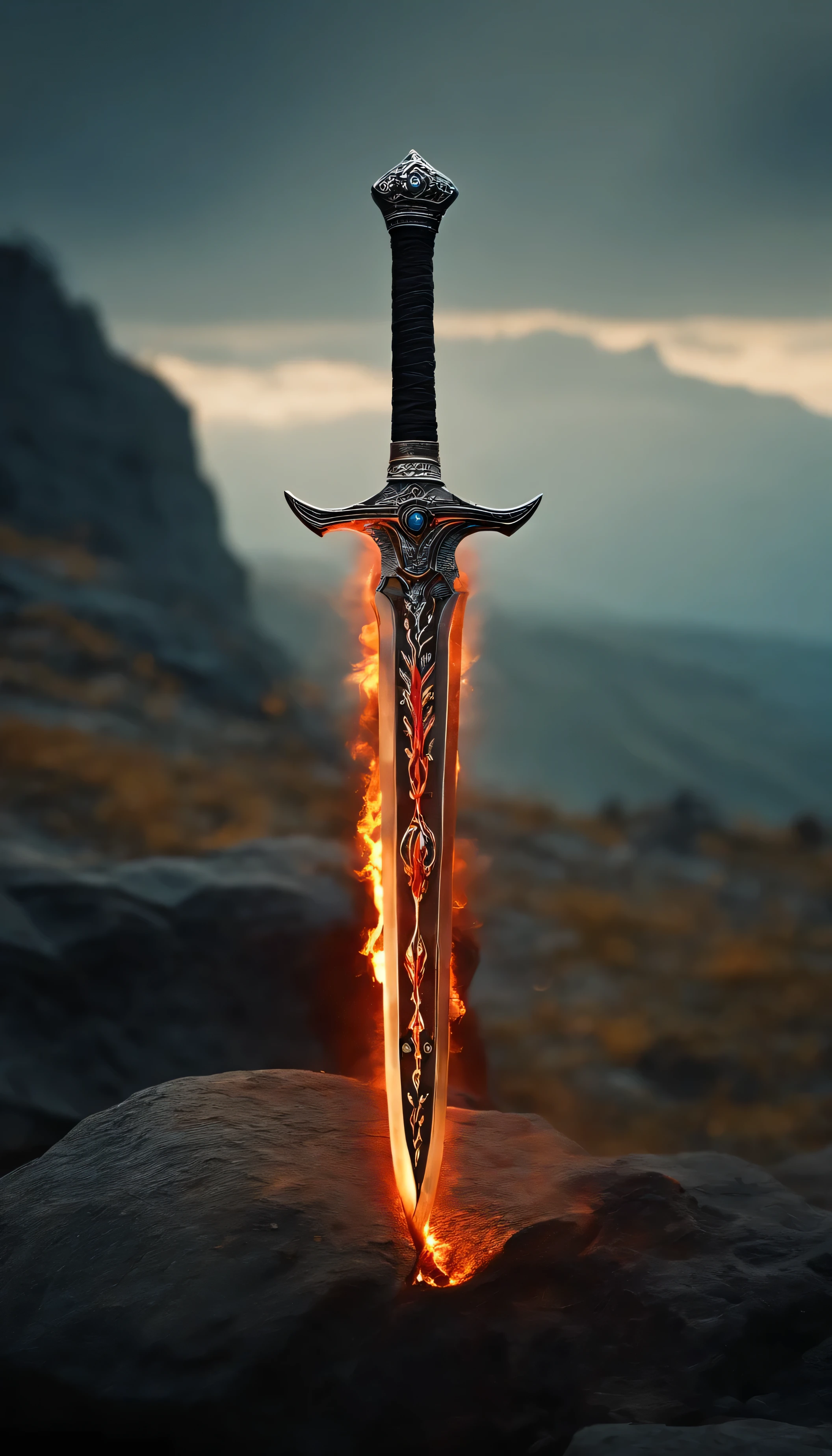 Long sword, dark weapon, magic aura, terrifying weapon. laydown on the rock in fire background. 