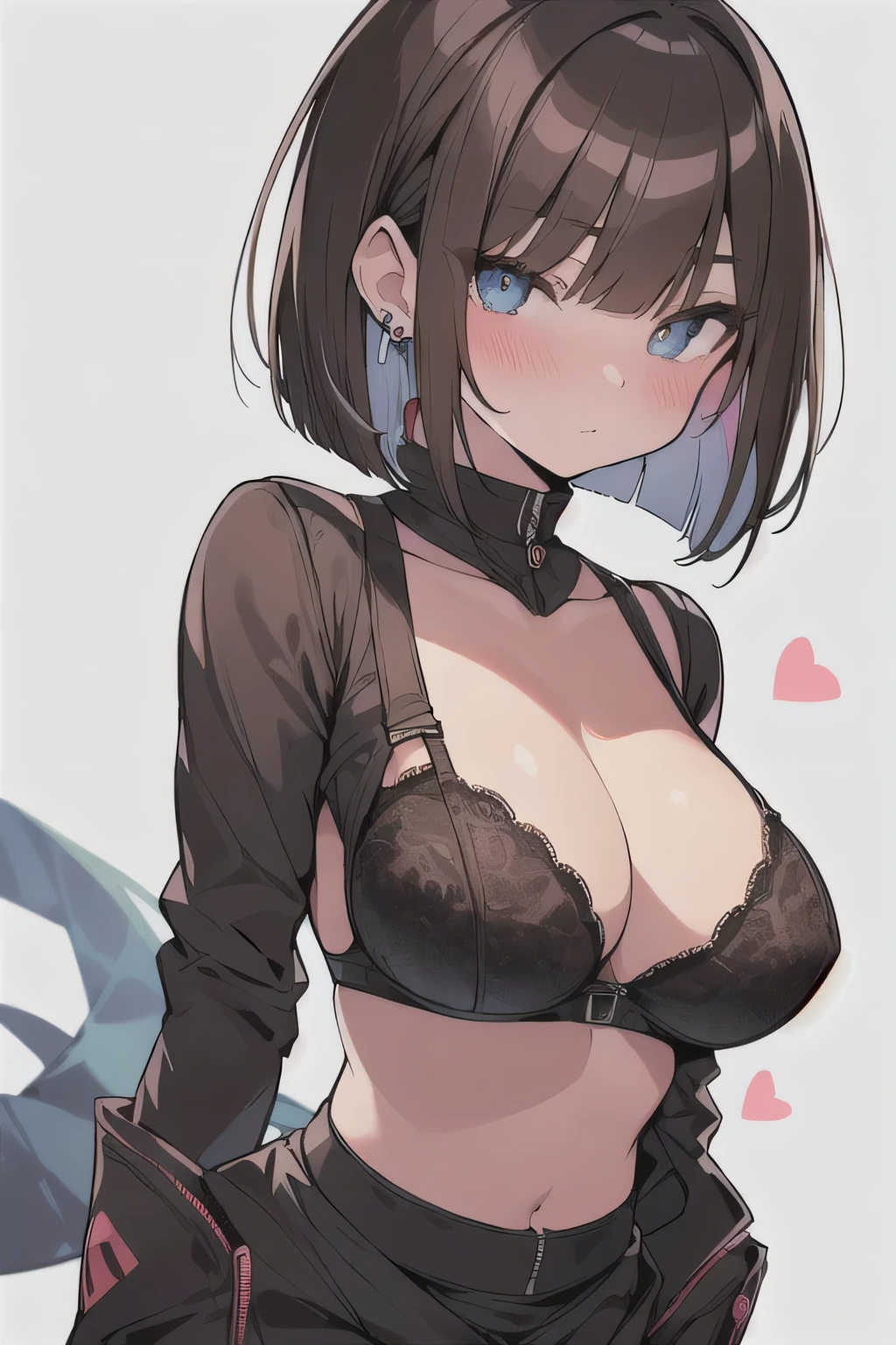 (best quality), (Super detailed), (Best Illustration), look at viewer, {(Ninja girl:1.2) (show off bra:1.3)}, (large breasts), {(detailed eyes), (heart-shaped pupils), blue eyes}, {brown hair, (sideburns), (bob cut:1.3), curly hair, hairs between eyes, colored inner hair}, blush, earring,