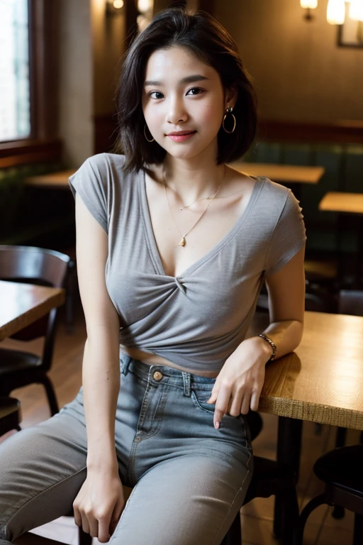 Best quality, masterpiece, ultra high res,(photorealistic:1.4), (raw photo:1.2), (sit on chair:1.2), (detailed buttocks:1.1), in restaurant,half_smile, detailed eyes, (looking at viewer:1.2), (Gray casual clothes), (casual pants:1.2), (beautiful face:1.2), (french twist:1.2), massive tits, a girl, 18 years old, deep shadow, dark theme, heart tatoo on neck, earring, cute necklace