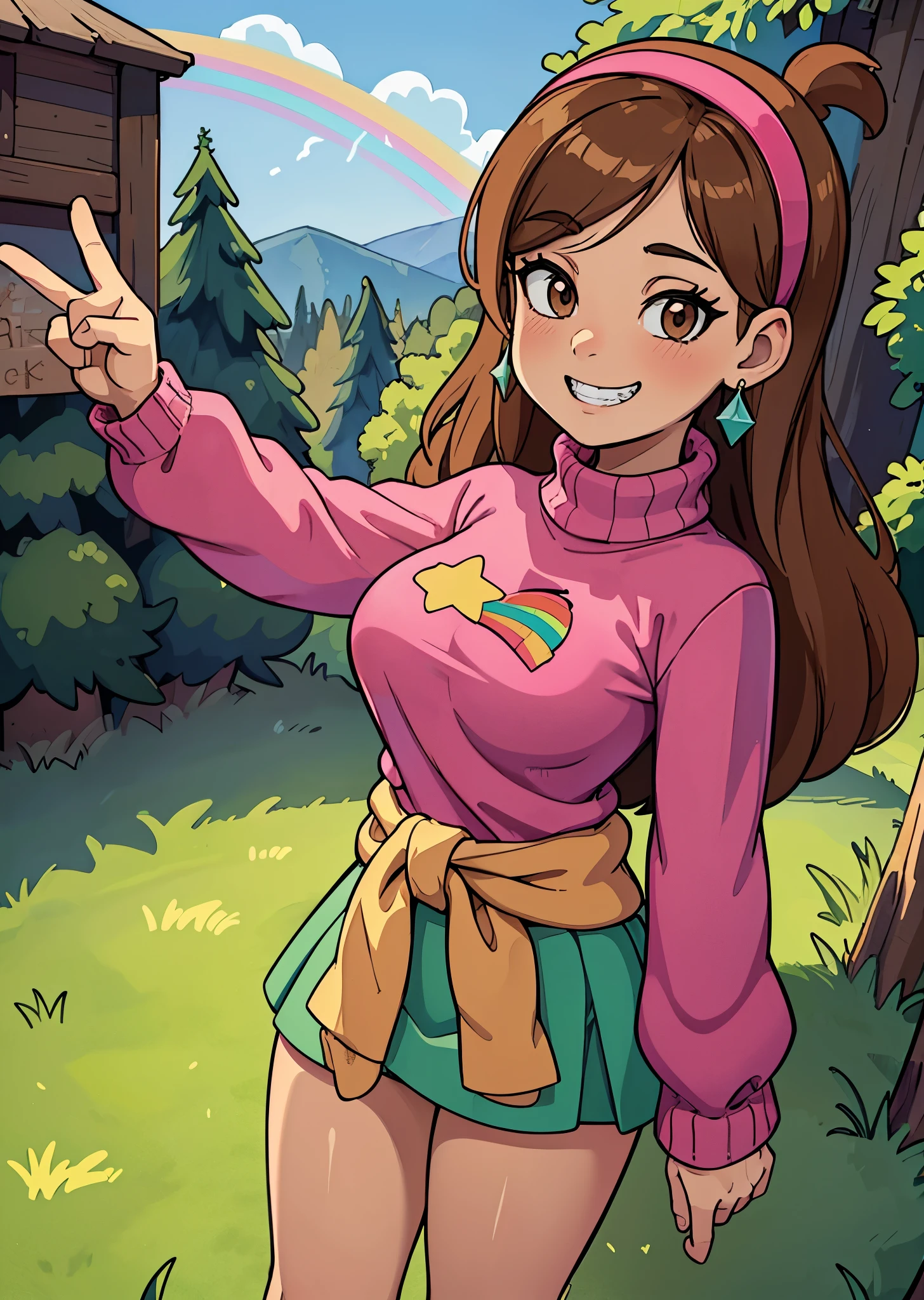 [Mabel], [Gravity Falls], ((masterpiece)), ((HD)), ((high res)), ((solo portrait)), ((waist-up)), ((front view)), ((detailed shading)), ((soft textures)), ((intricate details)), ((anime girl)), ((cinematic)), {attractive; (long brown hair), (cute dark-brown eyes), (large breast), (curvy hips), (beautiful legs), (cute grin)}, {(hot-pink knitted sweater with a rainbow printed on it), (green skirt), (hot-pink hairband), (diamond earrings)}, {(standing), (peace-sign), (looking at viewer)}, [background; (grass plains), (sun rays), (blue sky), (clouds in sky), (ambient lighting)]